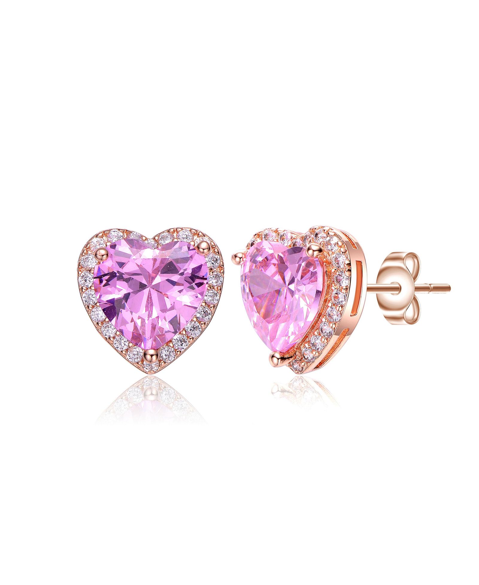 Genevive Charming 18K Rose Gold Plated Heart & Halo CZ Stud Earrings