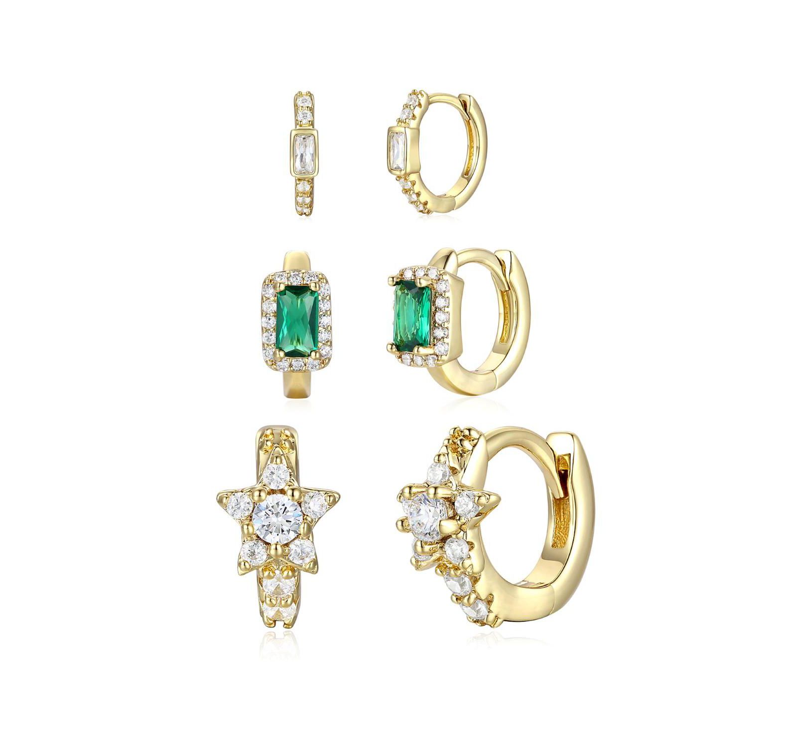 Комплект из 3-х серег-колец Rachel Glauber с Green & Cubic Zirconia Halo Star, 14k Gold Plated