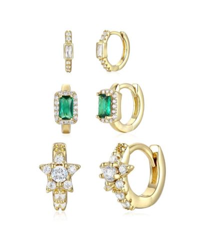 14k Gold Plated with Green &  Cubic Zirconia Halo Star 3-Piece Hoop Earrings Set