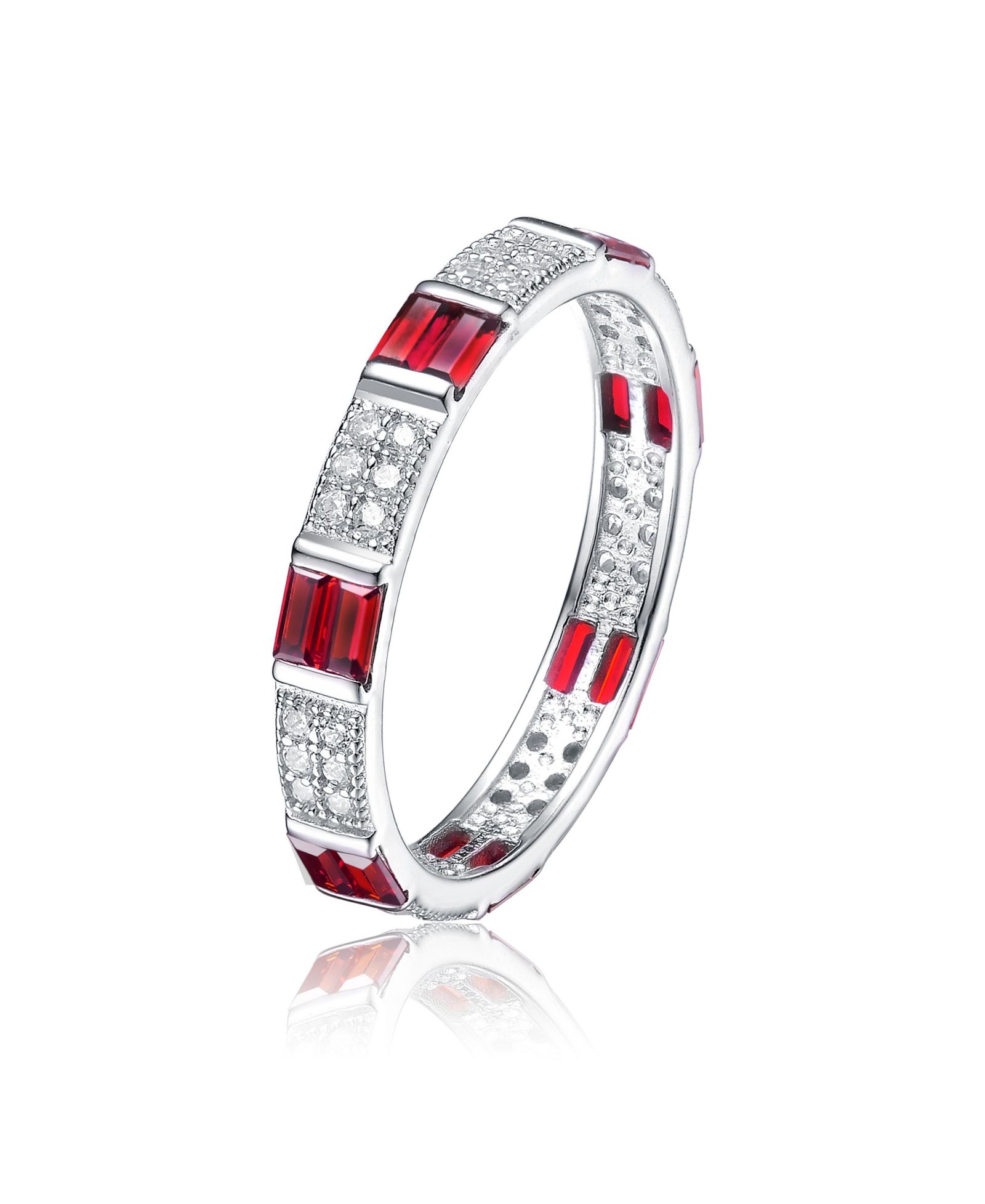 Кольцо Genevive White Gold Plated Baguette & Round CZ 3MM Slim Band