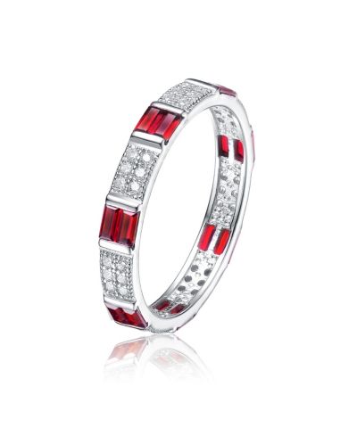 Genevive White Gold Plated Baguette & Round CZ 3MM Slim Band Ring