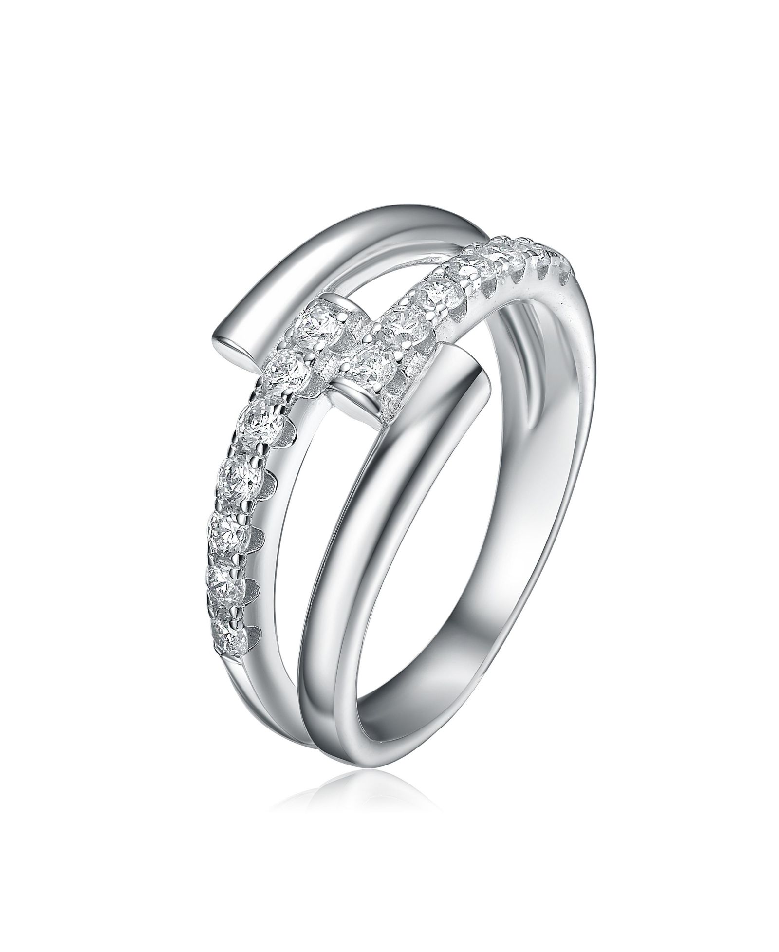 Genevive Chic Sterling Silver White Gold Plated CZ Criss-Cross Arc Ring