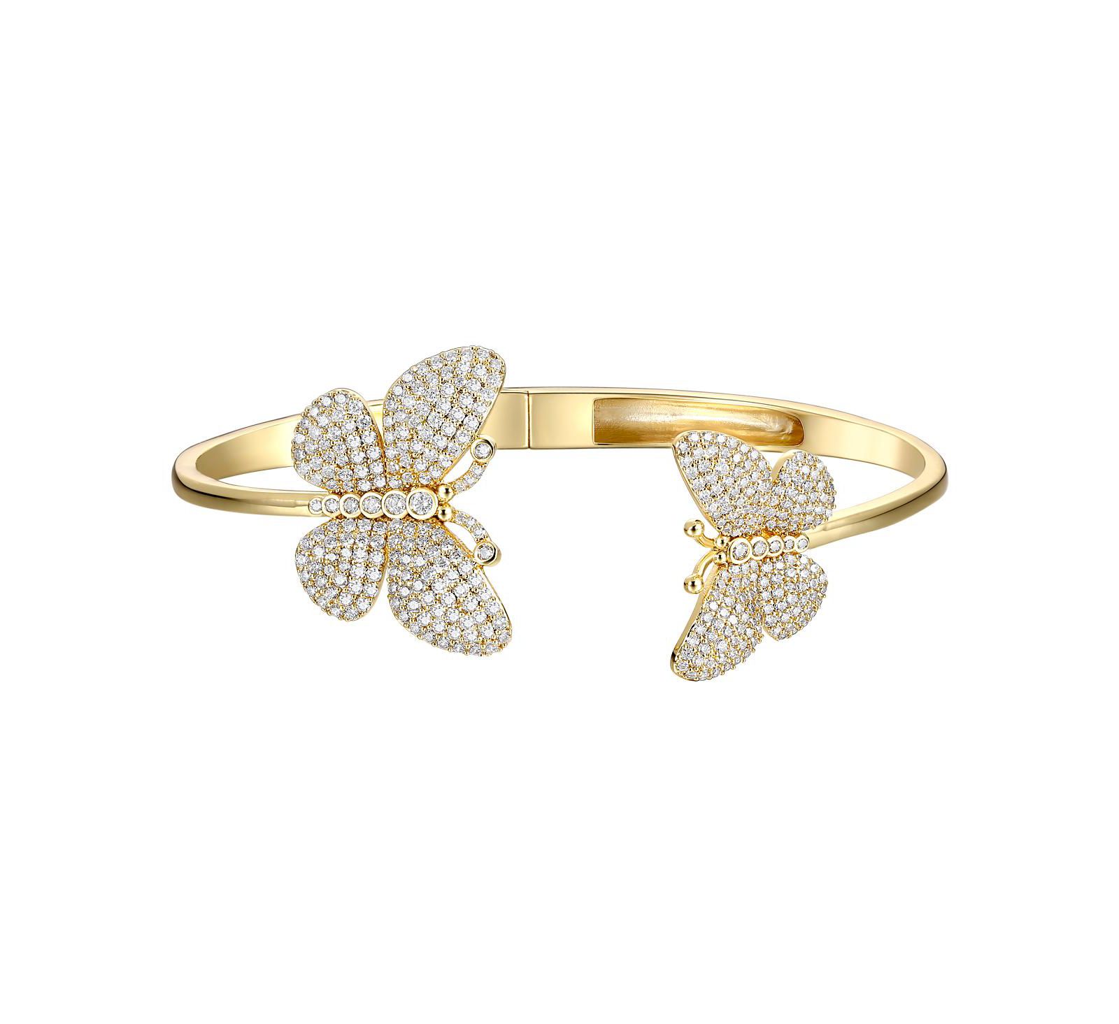 Genevive Teens 14k Gold Plated Pave Butterfly Open Cuff Bangle Bracelet