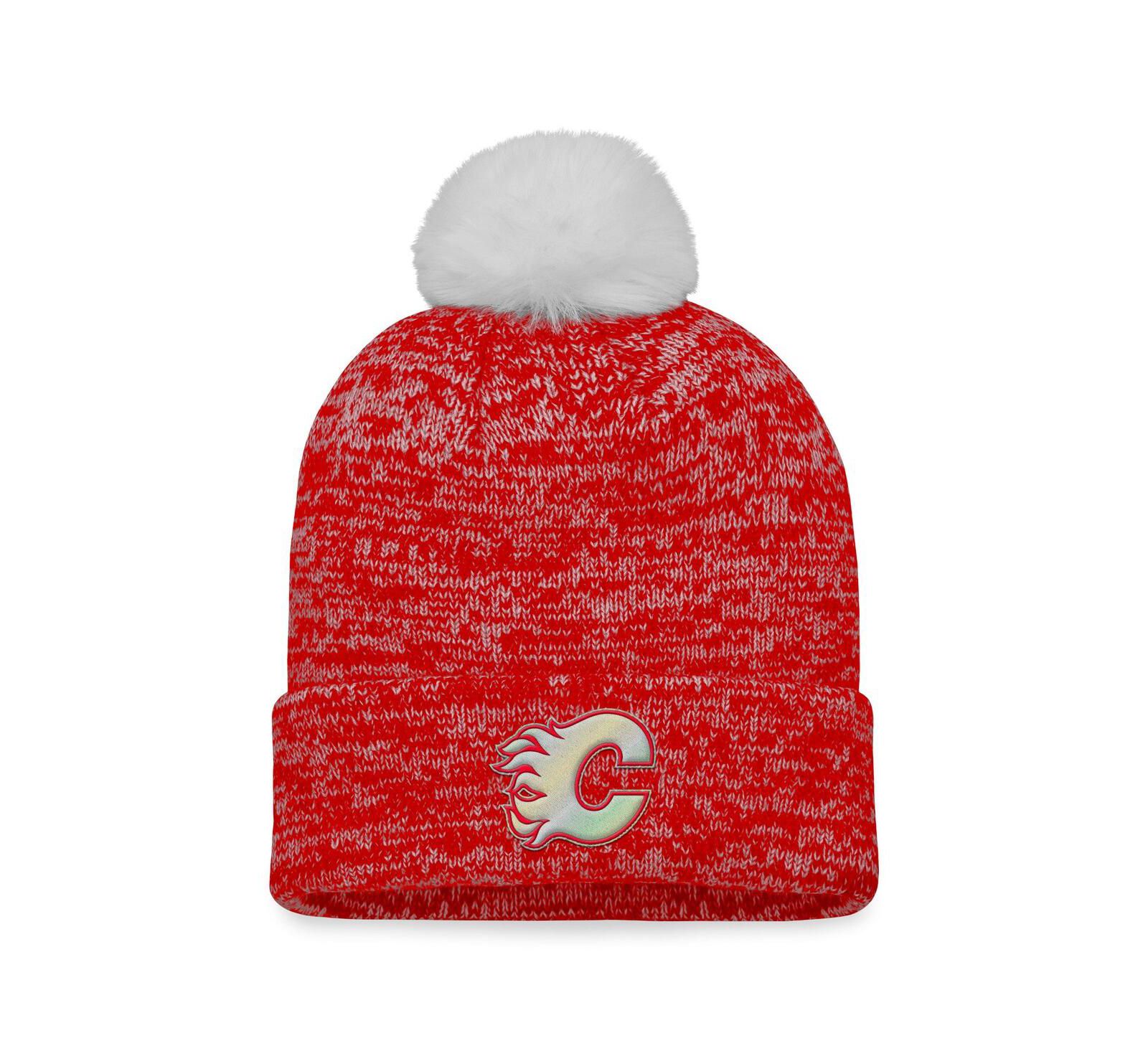 Women's Fanatics Red Calgary Flames Glimmer Cuffed Knit Hat with Pom
