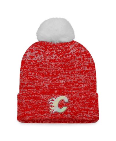 Женская вязаная шапка Fanatics Red Calgary Flames Glimmer Cuffed с помпоном