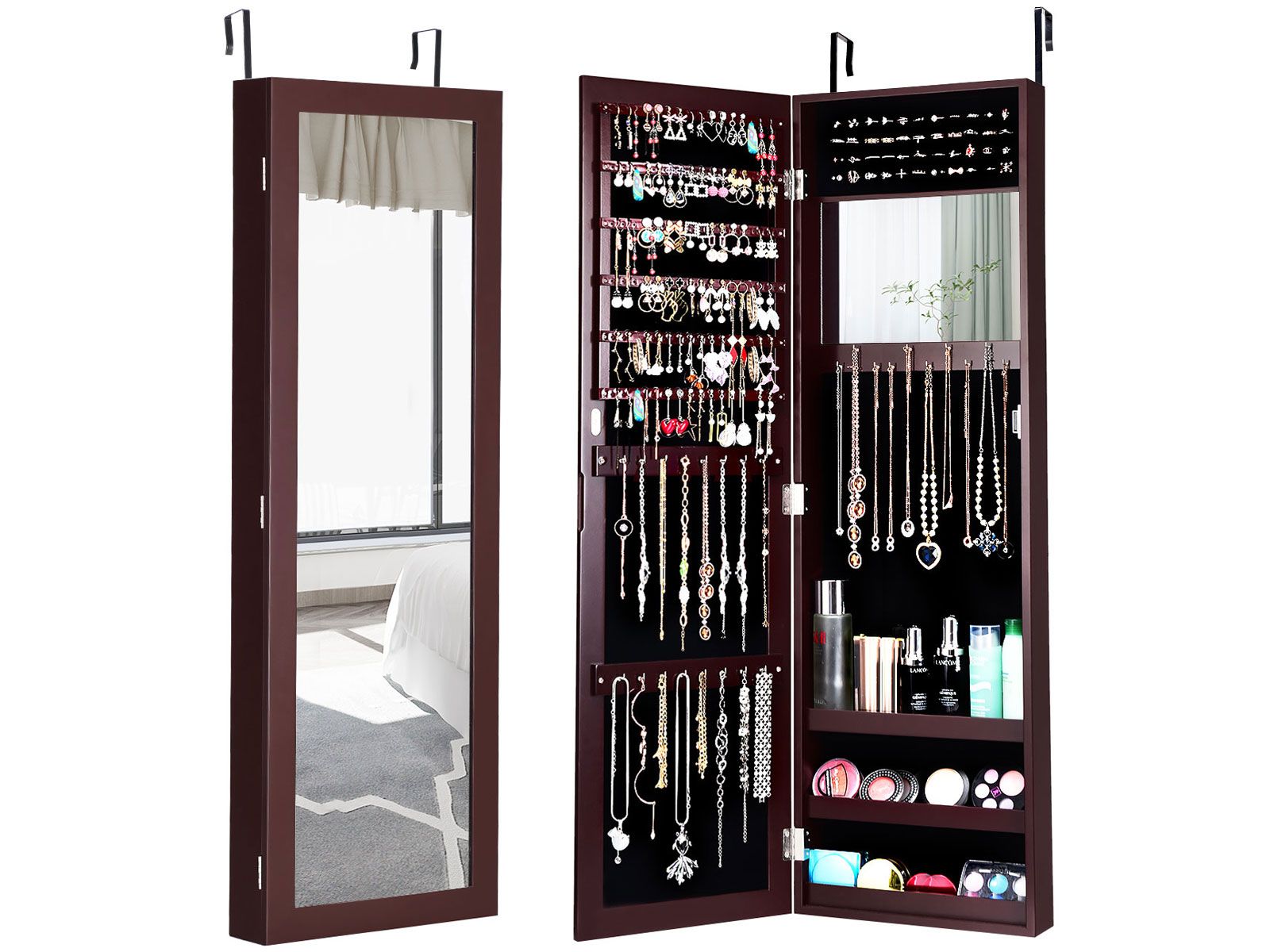 Wall Door Mounted Mirrored Jewelry Cabinet Storage Organizer