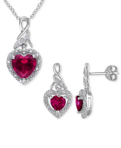 Набор 2-Pc. кулон с выращенным рубином (4 ct. t.w.) и бриллиантом (1/4 ct. t.w.) и подходящие серьги в Sterling Silver