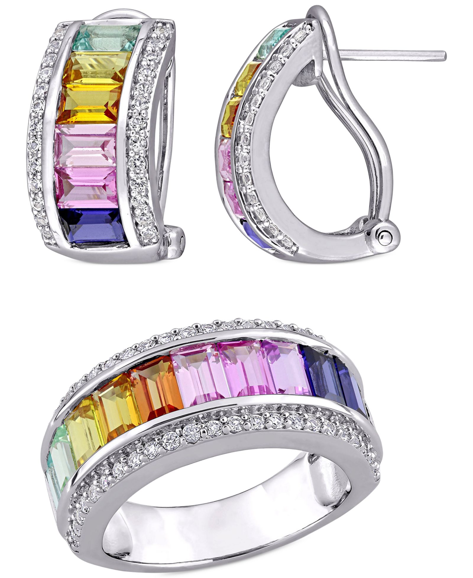 Комплект из 2-х колец Lab-Grown Multi-Sapphire Baguette и сережек Hoop в Sterling Silver