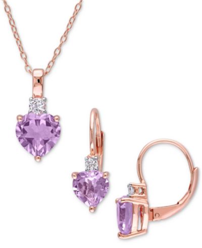 2-Pc. Set Pink Amethyst (3-1/2 ct. t.w.) & Lab-Grown White Sapphire (1/3 ct. t.w.) Heart Pendant Necklace & Matching Leverback Drop Earrings in Rose-Plated Sterling Silver