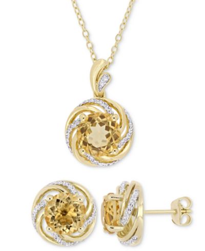 2-Pc. Set Citrine (5-1/2 ct. t.w.), White Topaz (3/8 ct. t.w.) & Diamond Accent Pendant Necklace & Matching Stud Earrings in Yellow-Plated Sterling Silver