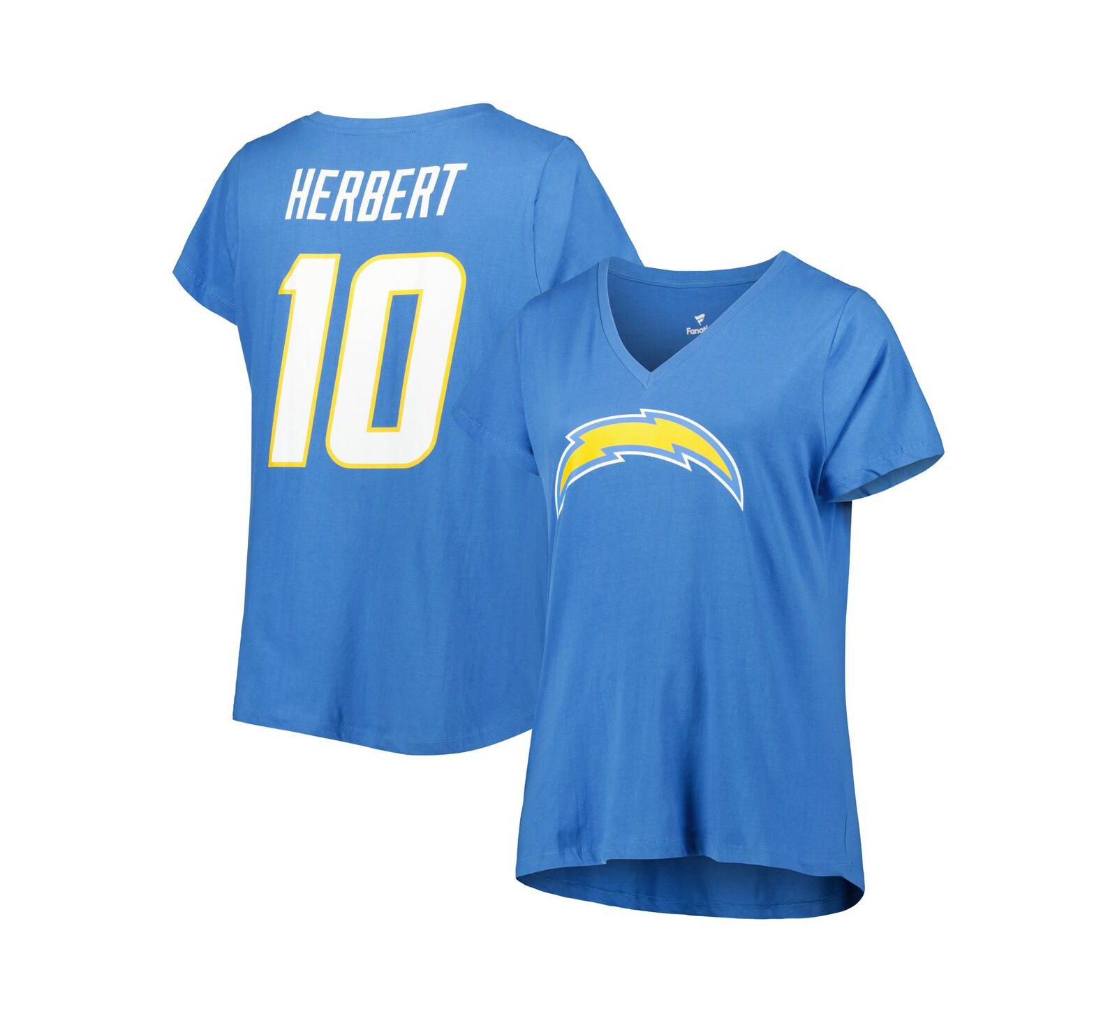 Женская футболка Fanatics Justin Herbert Powder Blue Los Angeles Chargers Plus Size с именем и номером игрока и V-образным вырезом