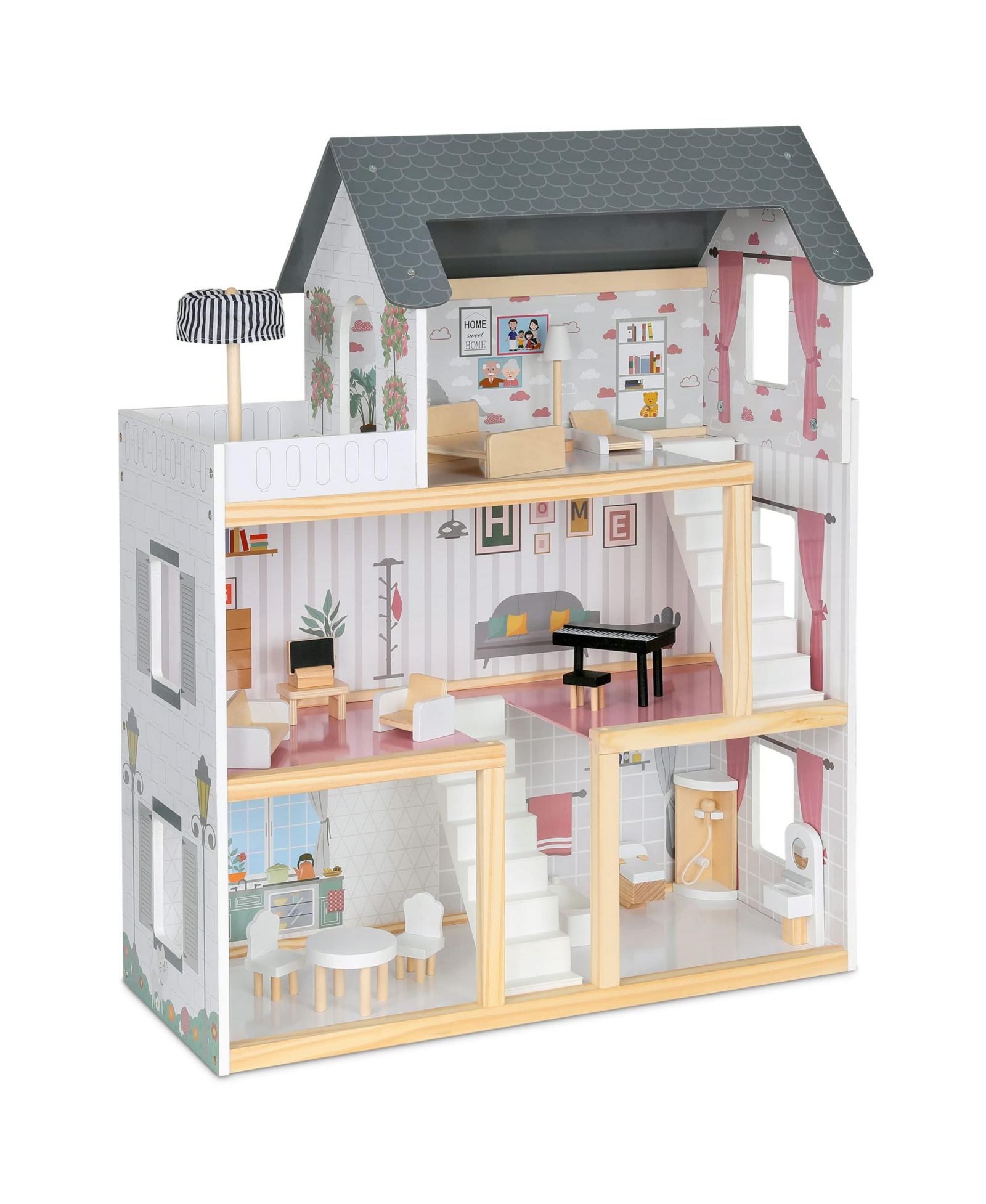 Lil' Jumbl Wooden 3-Floor Dollhouse with 2 Staircases, 17-Piece Set, Ages 3-10