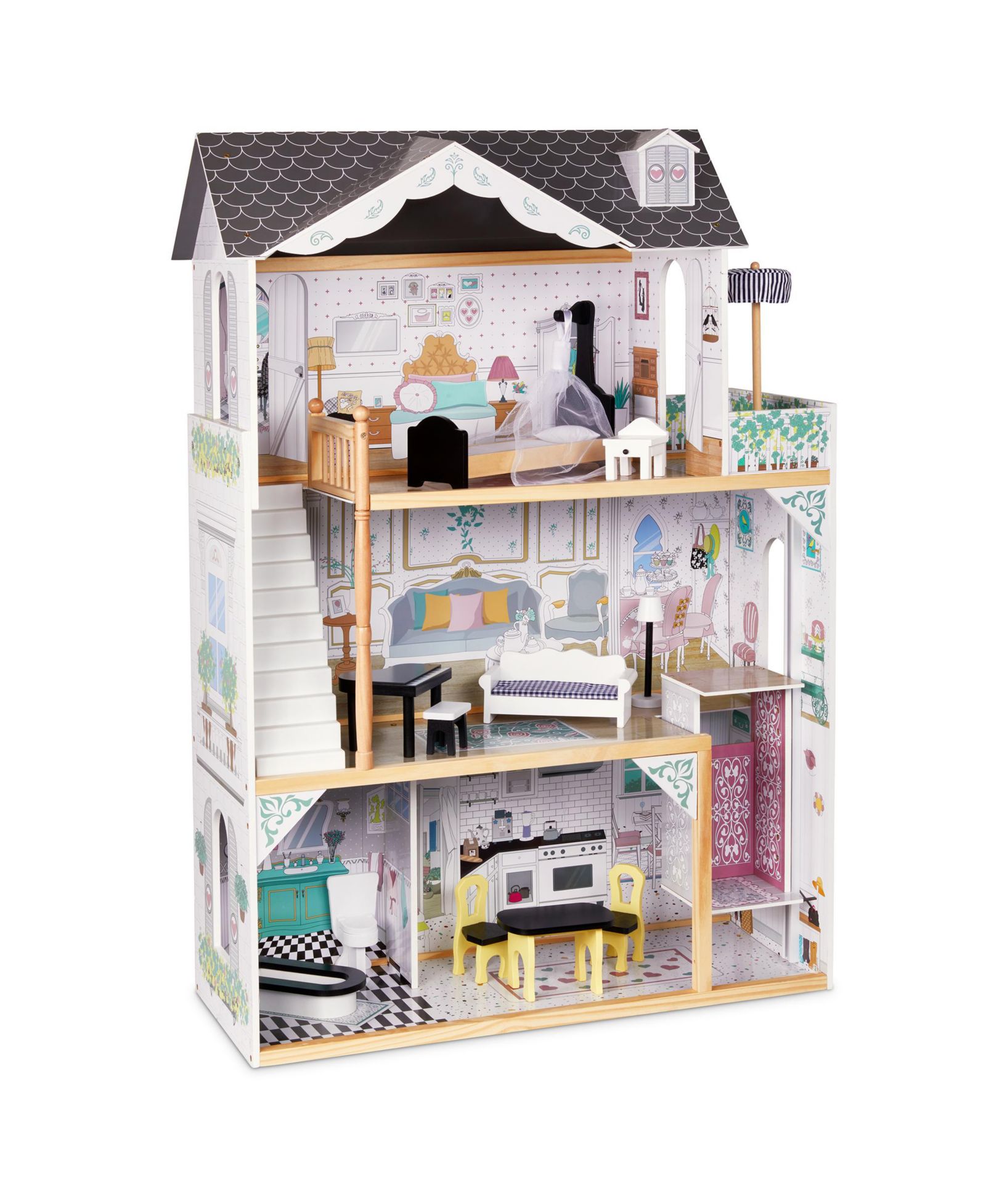 Lil' Jumbl Wooden Large 3-Story Dollhouse with Working Elevator & Balcony, 10+ Pieces, Ages 3+