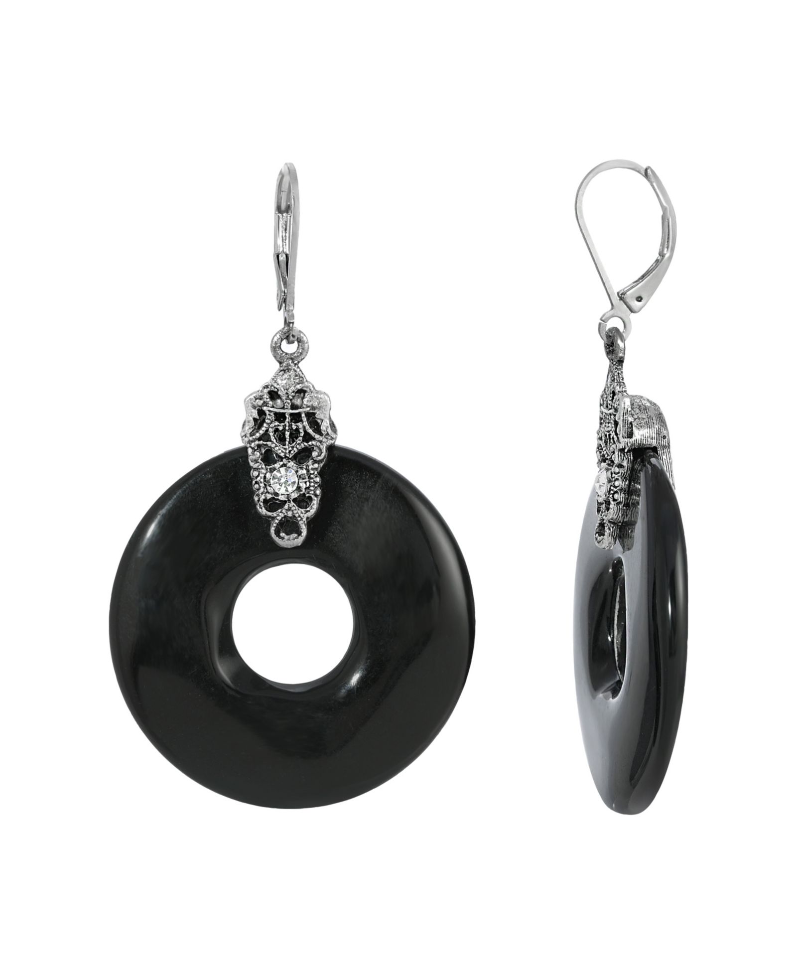 2028 Silver Tone Black Round Drop Earrings