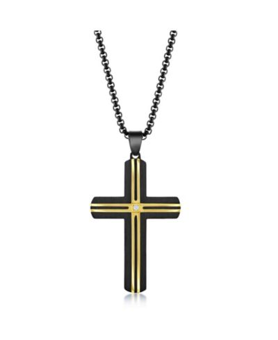 Мужская подвеска-ожерелье Metallo Stainless Steel Black & Gold Lined Single CZ Cross