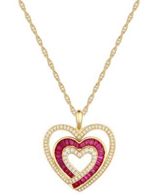 Lab-Grown Ruby (1/2 ct. t.w.) & Lab-Grown White Sapphire (3/8 ct. t.w.) Triple Heart 18" Pendant Necklace in 14k Gold-Plated Sterling Silver