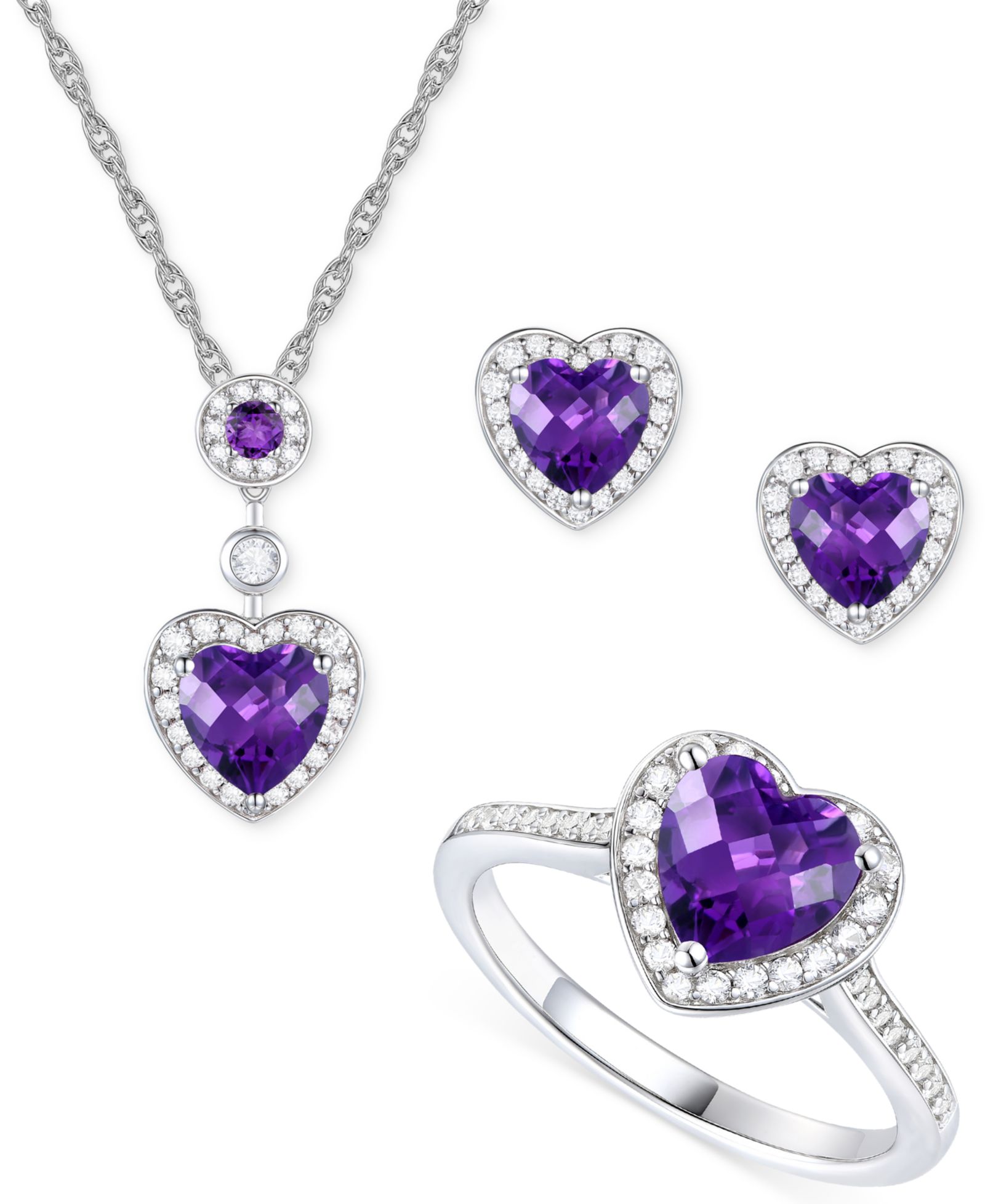 3-Pc. Set Garnet: (4 ct. t.w.) & Lab-Grown White Sapphire (3/4 ct. t.w.)Amethyst (3-1/3 ct. t.w.) Heart Pendant Necklace, Ring, & Stud Earrings in Sterling Silver (Also in Additional Gemstones)