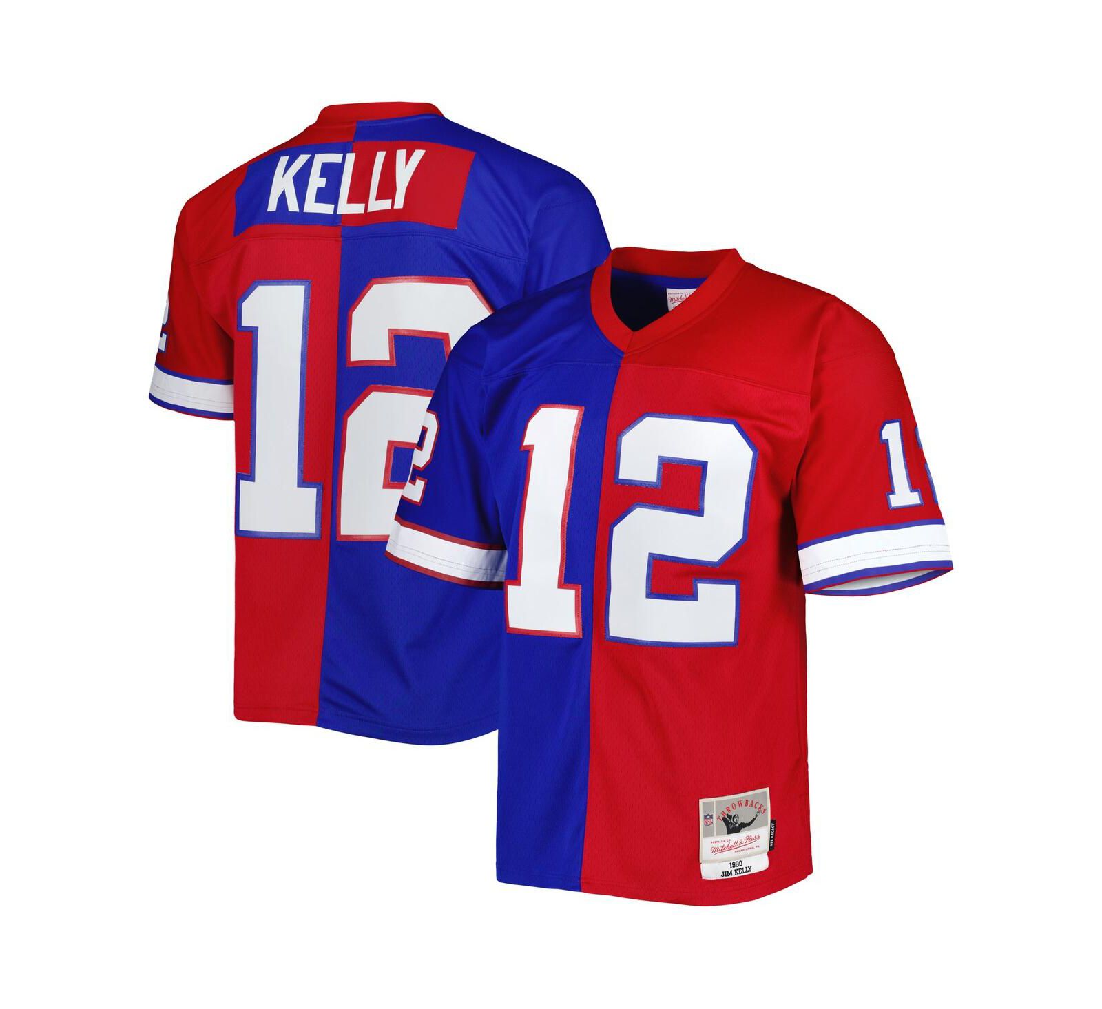 Мужская реплика джерси Mitchell & Ness Jim Kelly Royal and Red Buffalo Bills 1990 Split Legacy