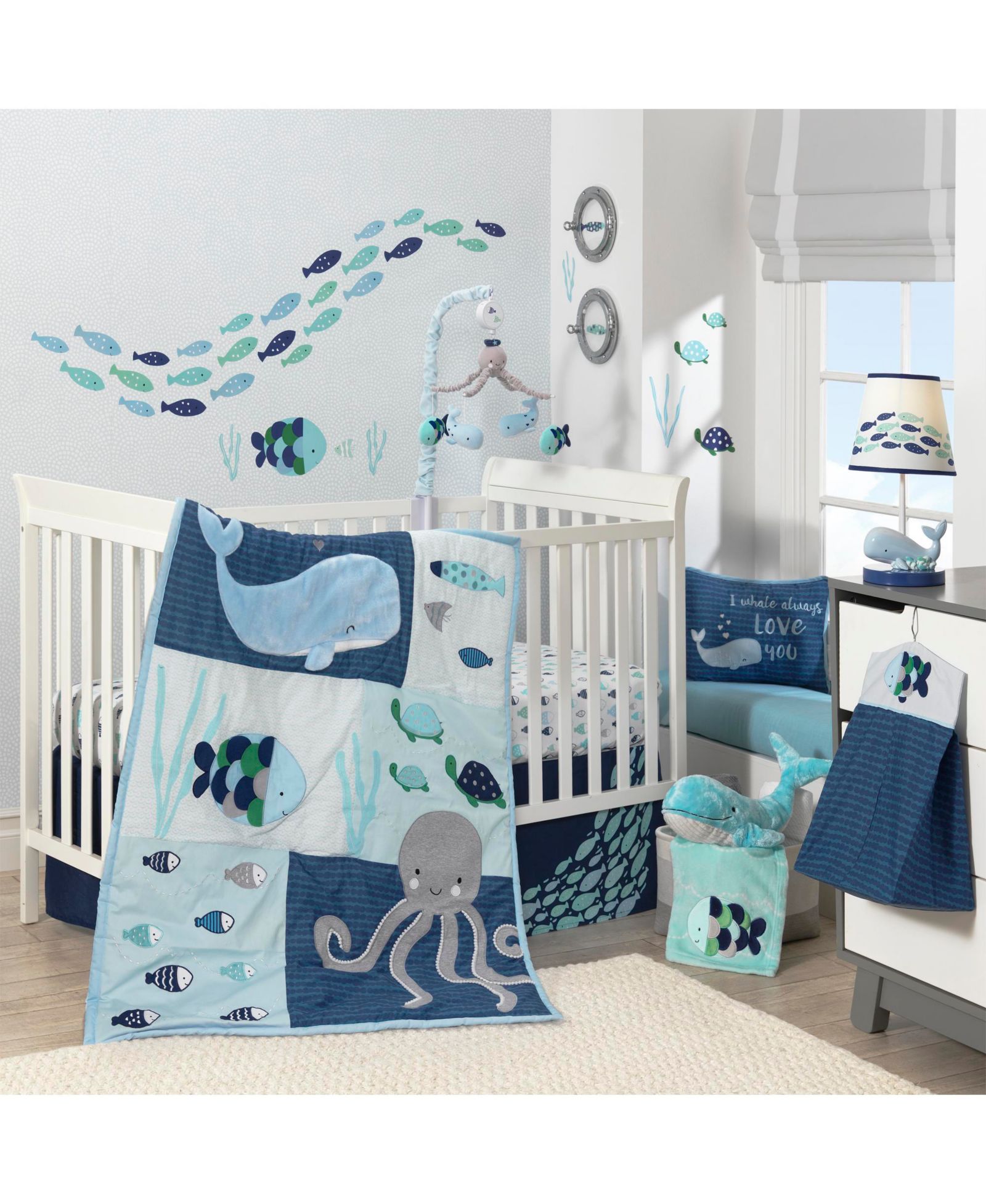 Детский набор постельного белья Lambs & Ivy Oceania Blue/Gray/White Whale с осьминогом и рыбой, 6-Piece