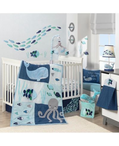 Lambs & Ivy Lambs and Ivy Oceania Blue/Gray/White Whale with Octopus and Fish Nautical Ocean 6-Piece Nursery Baby Crib Bedding Set