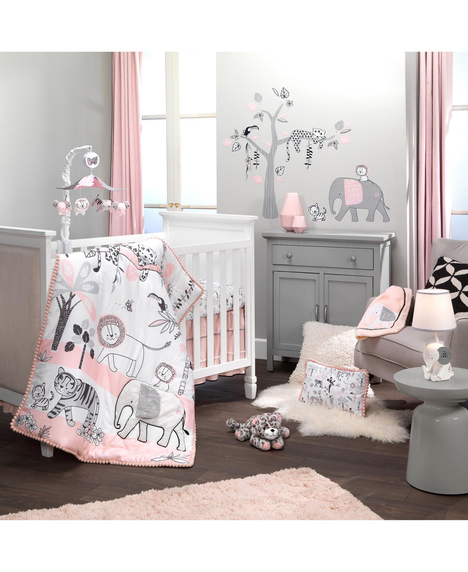 Lambs & Ivy Детский набор постельного белья Happy Jungle Pink/White Safari 5-Piece