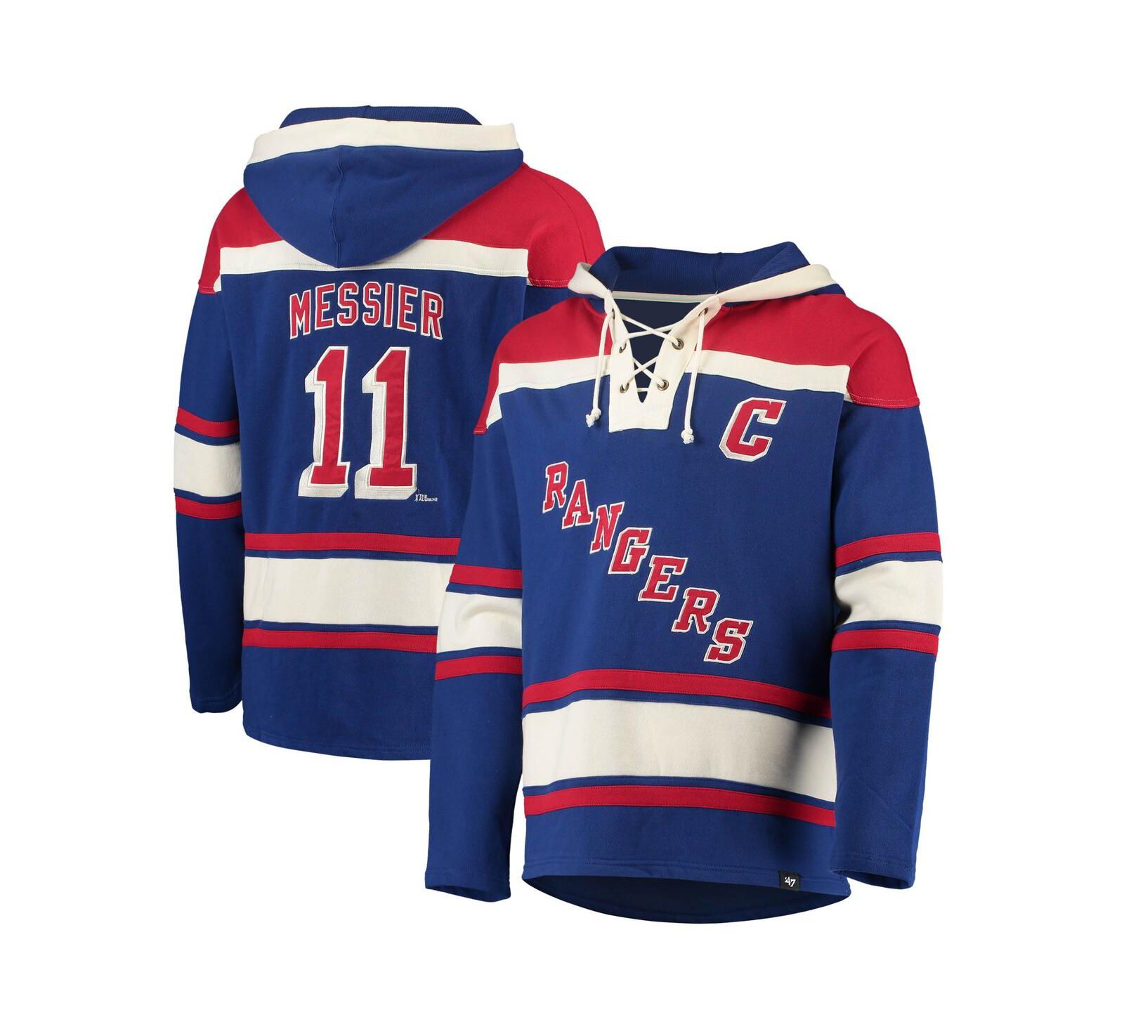 Мужское худи '47 Brand Mark Messier Blue New York Rangers Retired Player Name and Number Lacer Pullover Hoodie