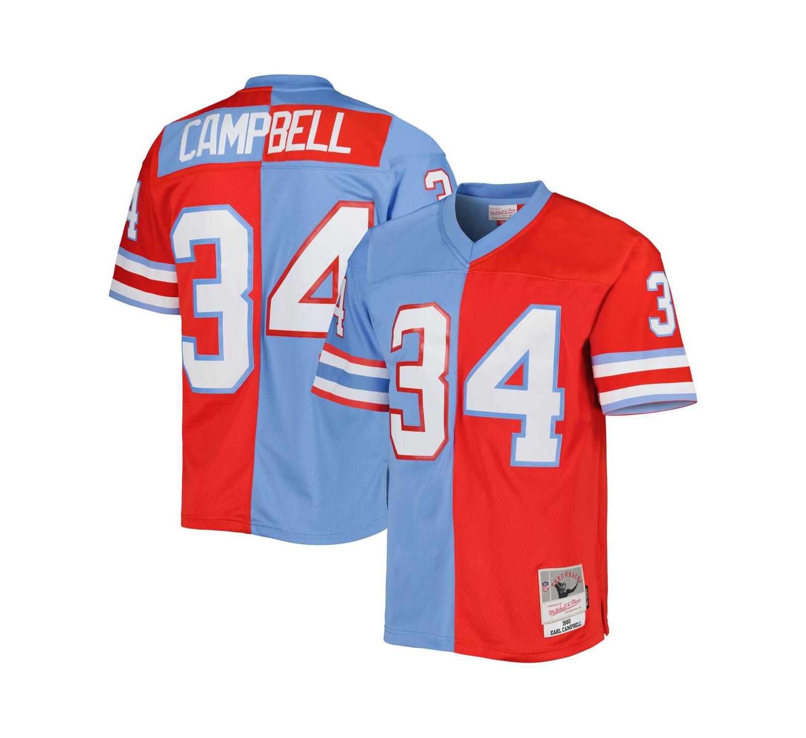 Men's Mitchell & Ness Earl Campbell Red, Light Blue Houston Oilers Gridiron Classics 1980 Split Legacy Replica Jersey