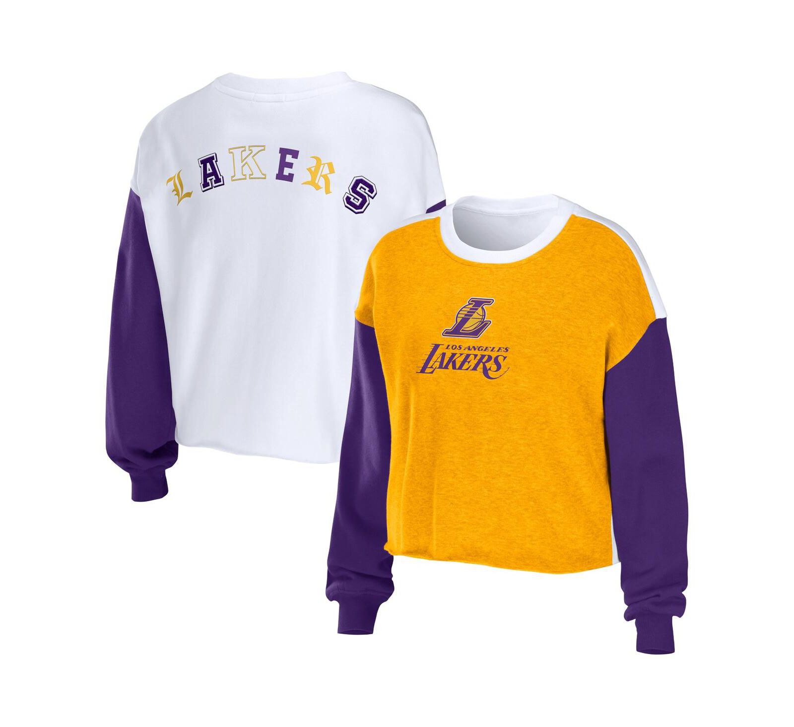 Женский свитшот WEAR by Erin Andrews Heather Gold Los Angeles Lakers Mixed Letter Cropped Pullover