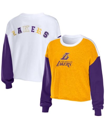 Женский свитшот WEAR by Erin Andrews Heather Gold Los Angeles Lakers Mixed Letter Cropped Pullover