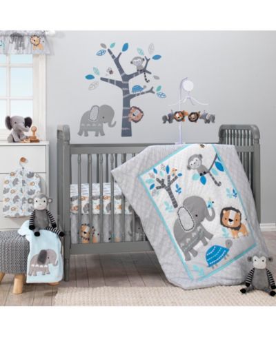 Bedtime Originals Baby Jungle Fun Gray/Blue/White Elephant, Lion and Monkey 3-Piece Nursery Crib Bedding Set