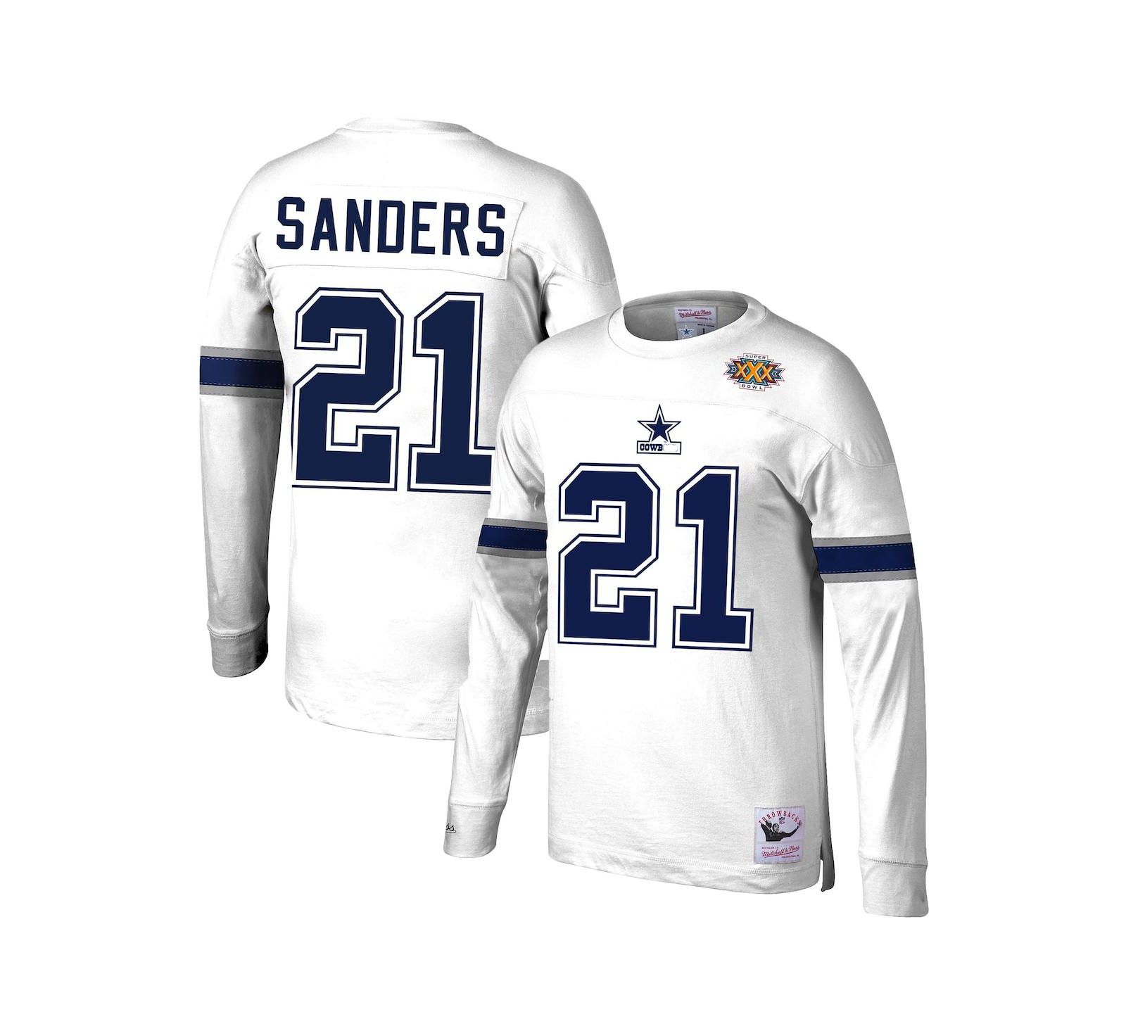 Men's Mitchell & Ness Deion Sanders White Dallas Cowboys Retired Player Name and Number Long Sleeve Top