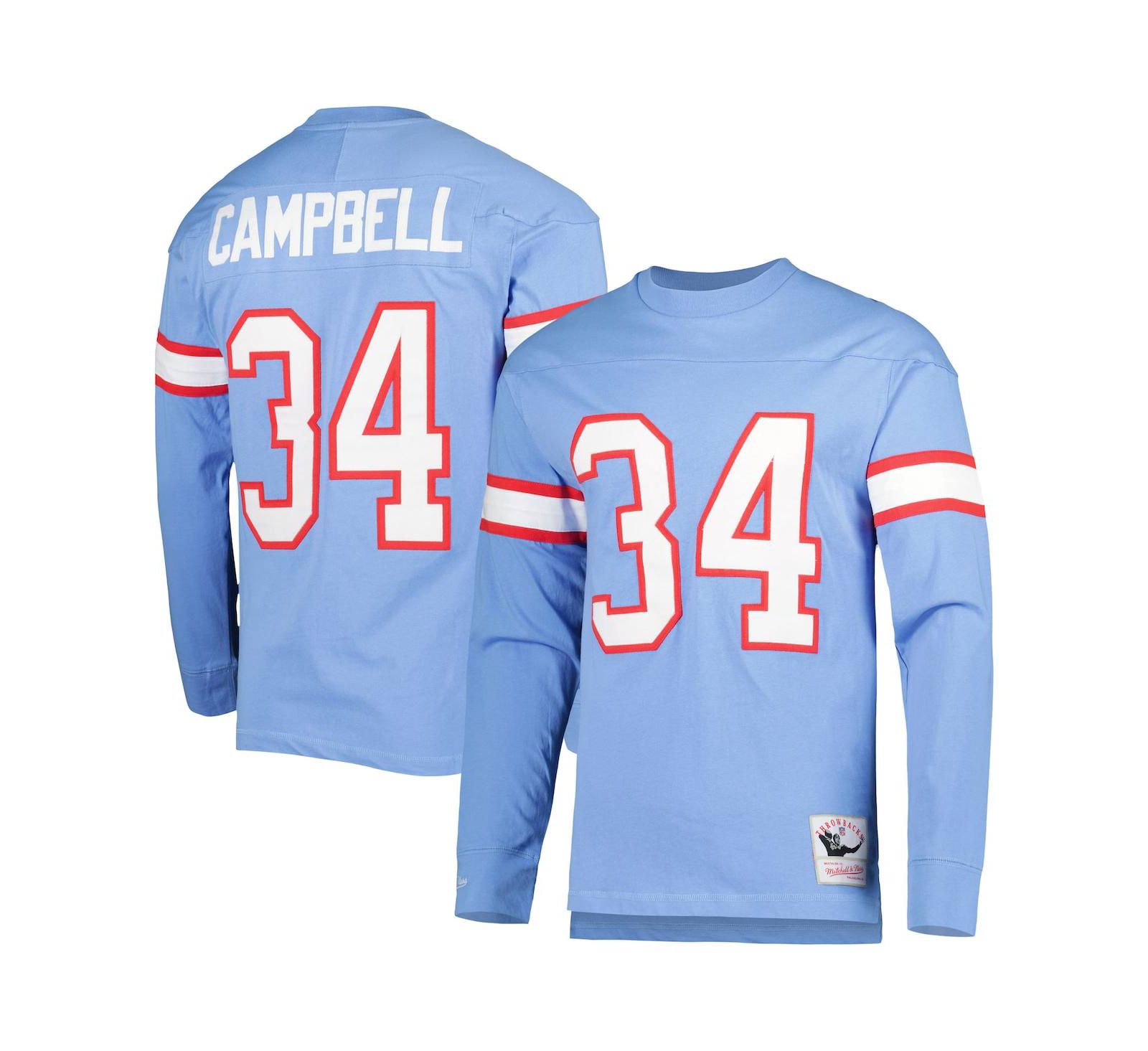 Men's Mitchell & Ness Earl Campbell Light Blue Houston Oilers 1984 Retired Player Name and Number Long Sleeve T-shirt