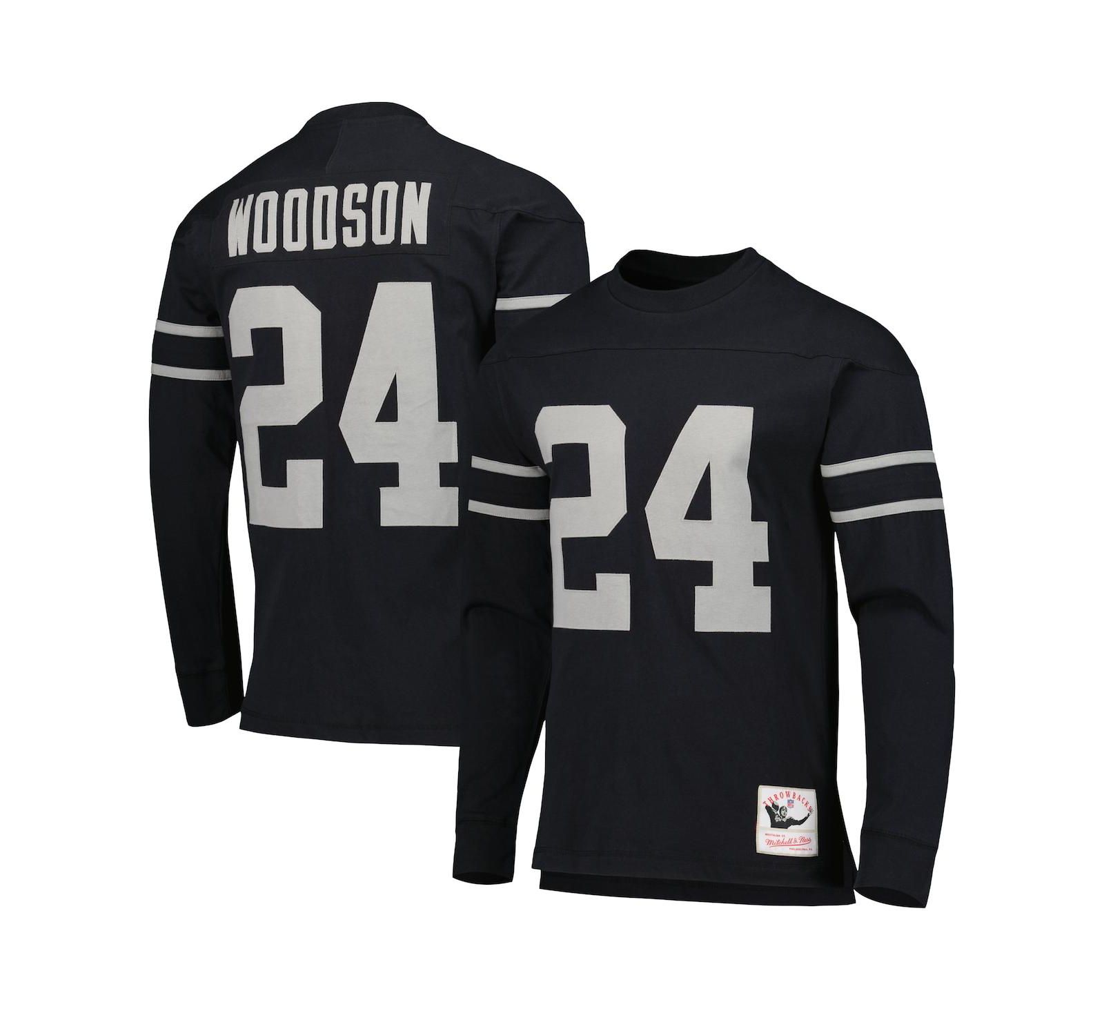 Men's Mitchell & Ness Charles Woodson Black Oakland Raiders Retired Player Name and Number Long Sleeve Top