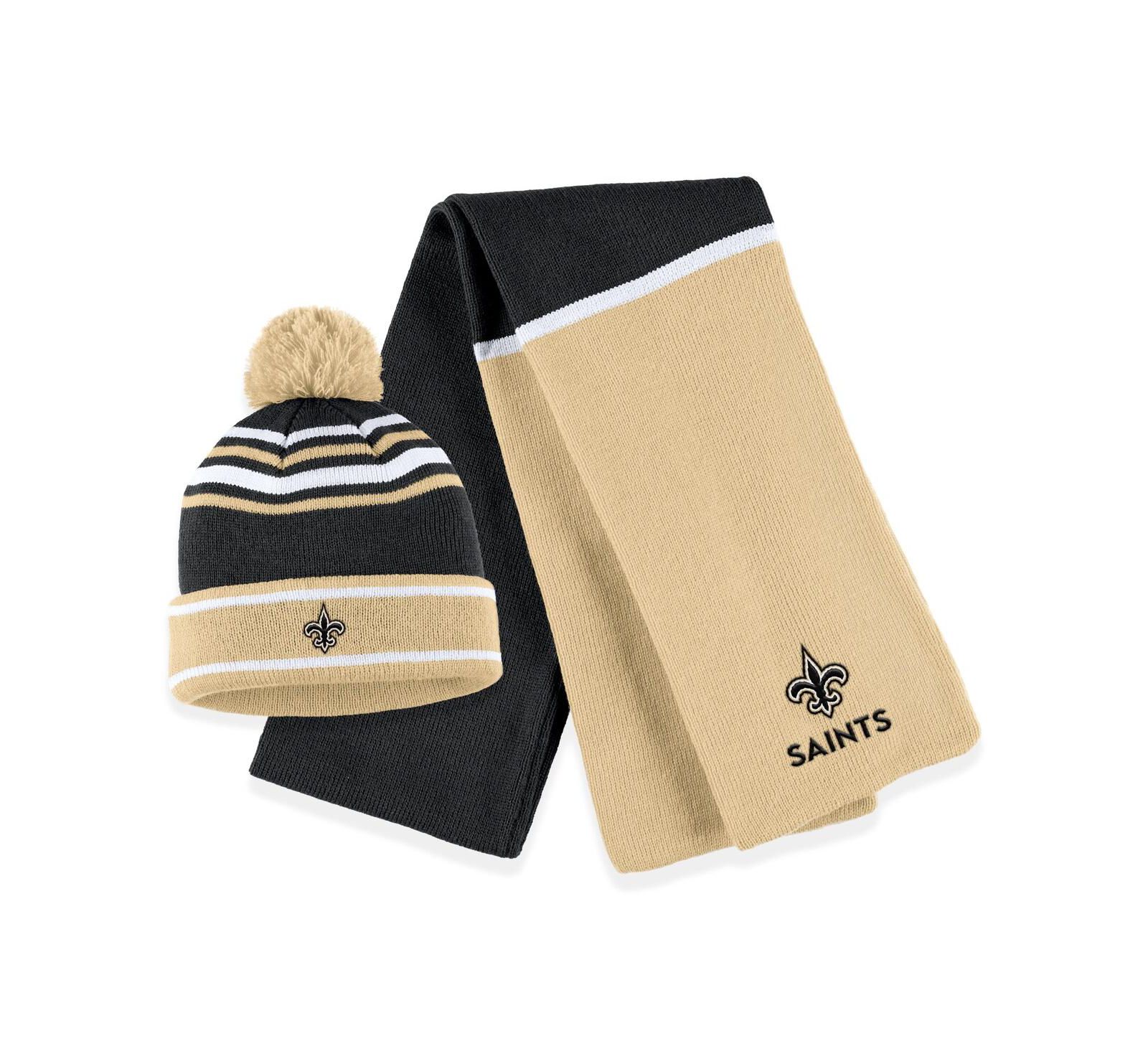 Женский комплект WEAR by Erin Andrews Black New Orleans Saints Colorblock Cuffed Knit Hat с помпоном и шарфом