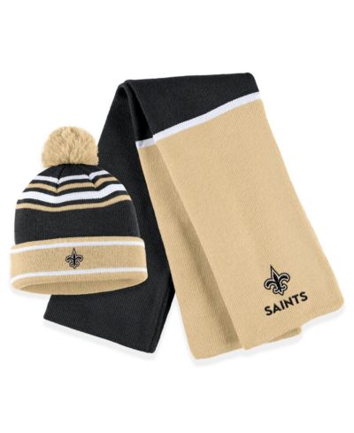 Женский комплект WEAR by Erin Andrews Black New Orleans Saints Colorblock Cuffed Knit Hat с помпоном и шарфом