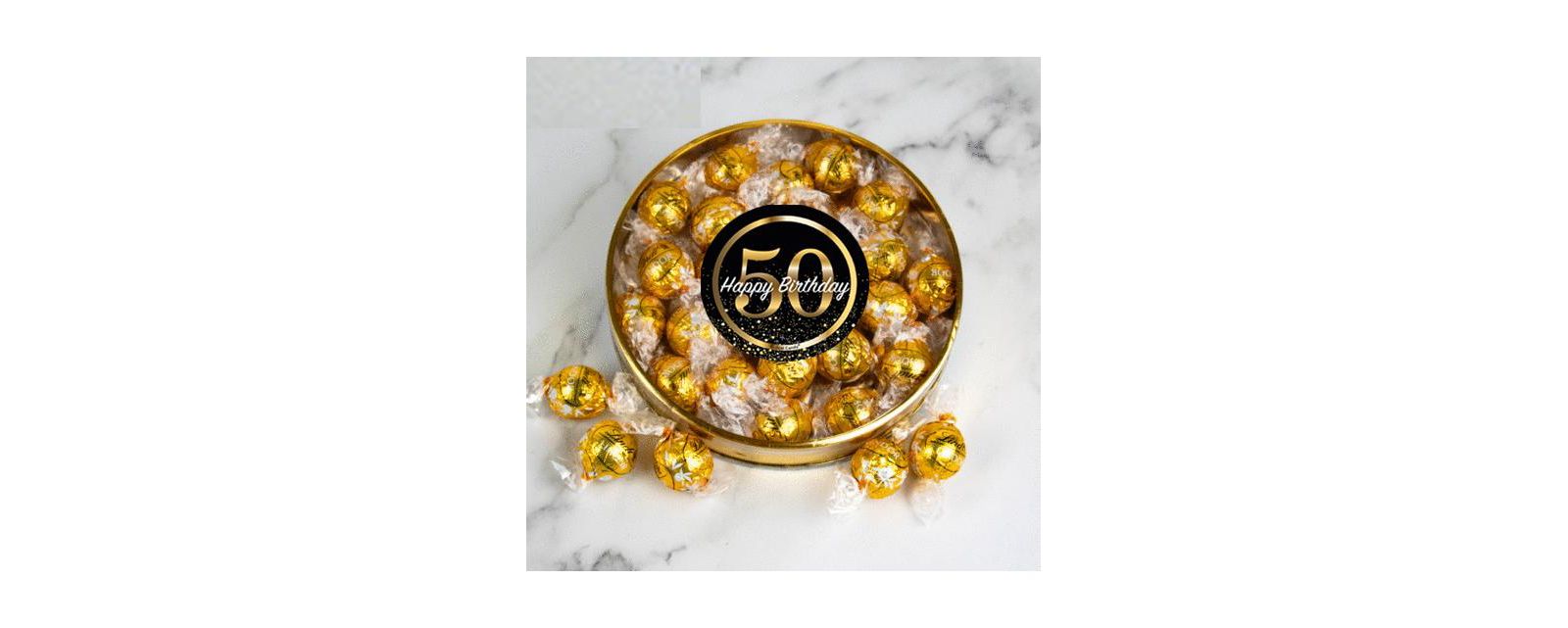 Just Candy 50th Birthday Candy Gift Tin with Chocolate Lindor Truffles by Lindt Large Plastic Tin with Sticker, 24 Pieces