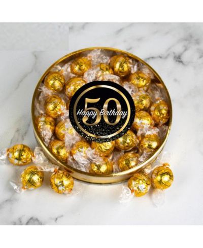 Just Candy 50th Birthday Candy Gift Tin with Chocolate Lindor Truffles by Lindt Large Plastic Tin with Sticker, 24 Pieces