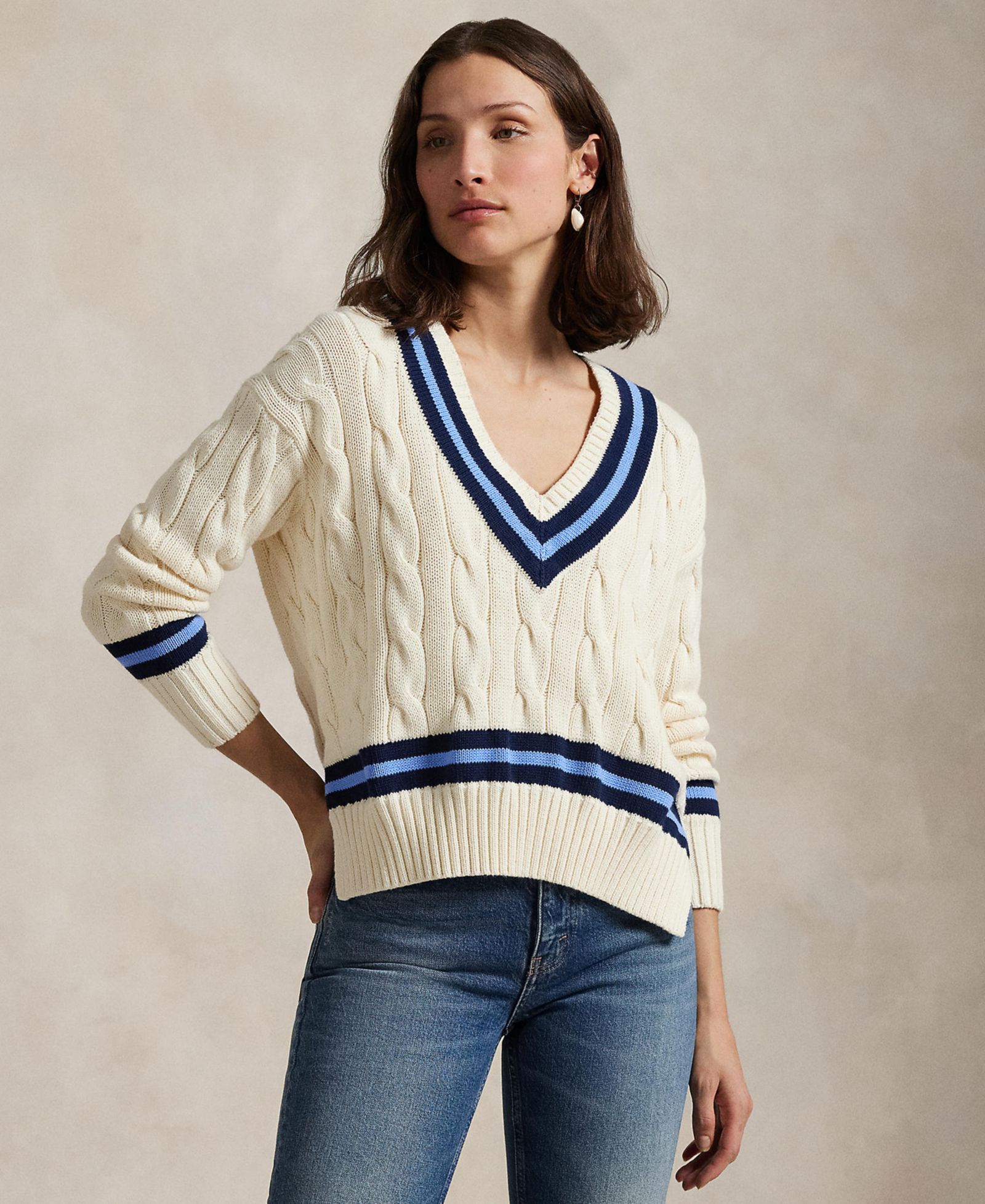 Polo Ralph Lauren Женский хлопковый джемпер с V-образным вырезом Cable-Knit