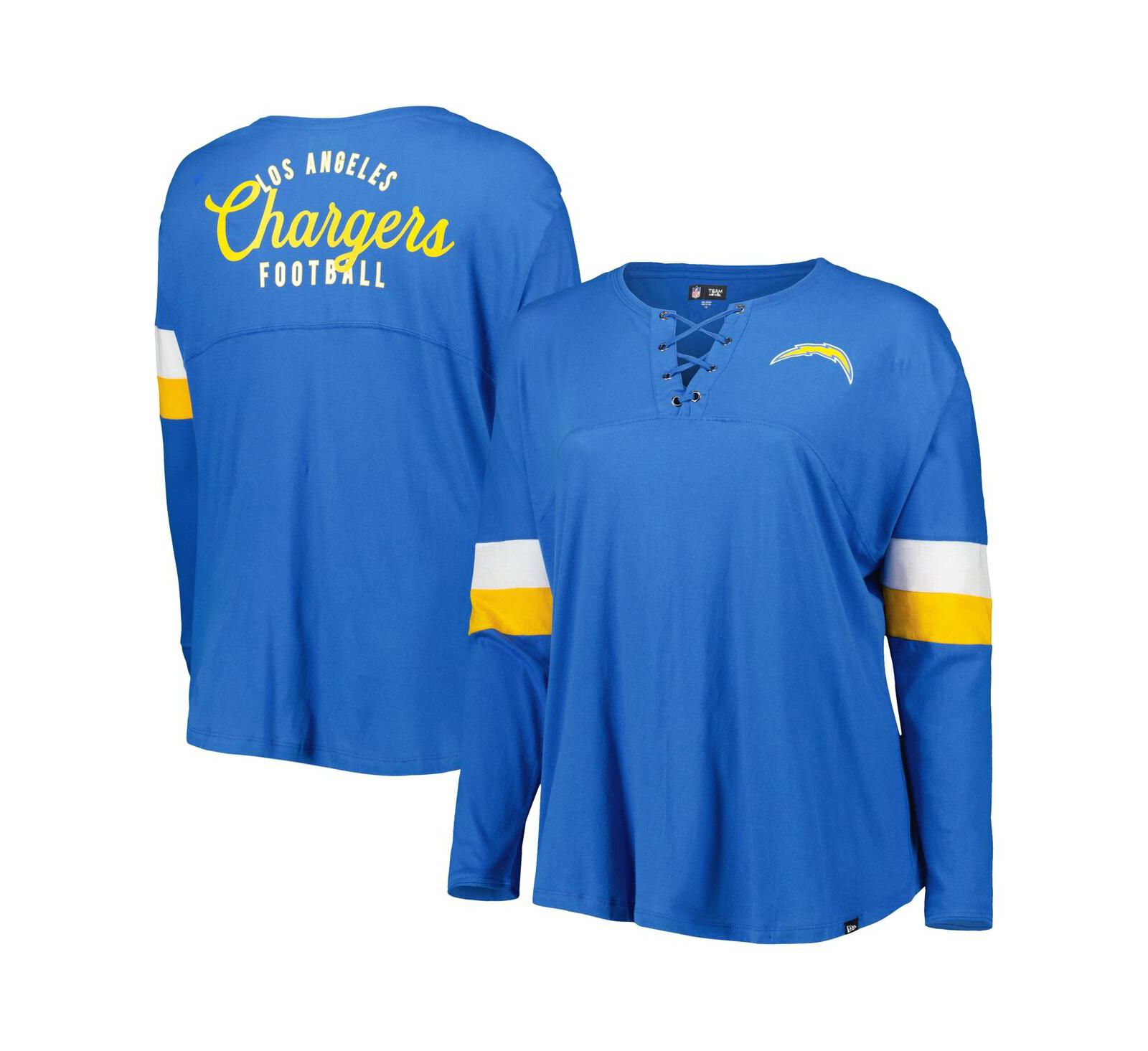 Women's New Era Powder Blue Los Angeles Chargers Plus Size Athletic Varsity Lace-Up V-Neck Long Sleeve T-shirt