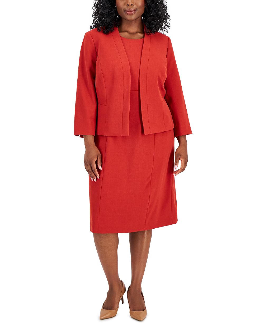 Le Suit Plus Size Crepe Open Front Jacket and Crewneck Sheath 2 Piece Dress Suit