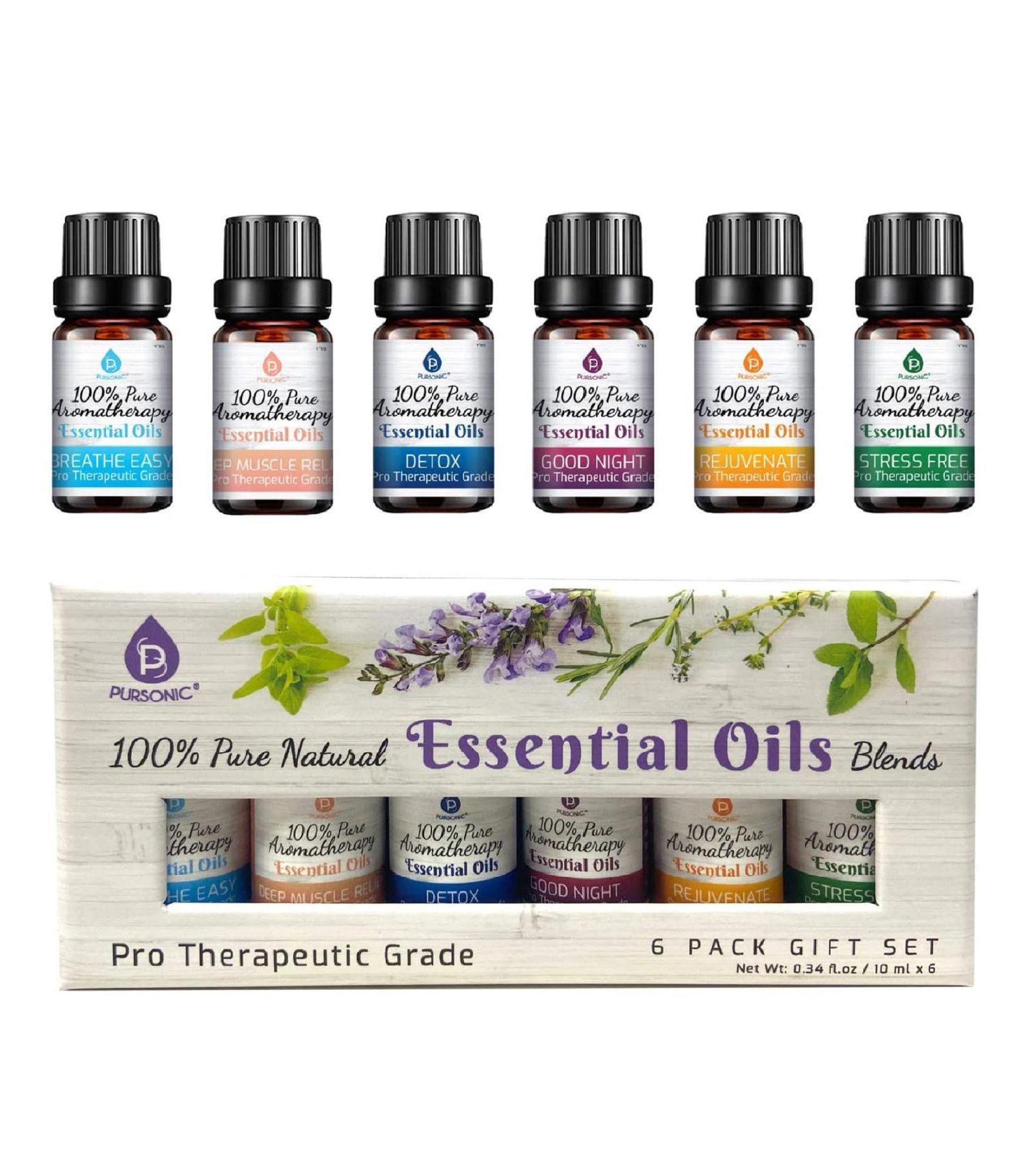 Pursonic 6 Pack of 100% Pure Essential Aromatherapy Oils Blends