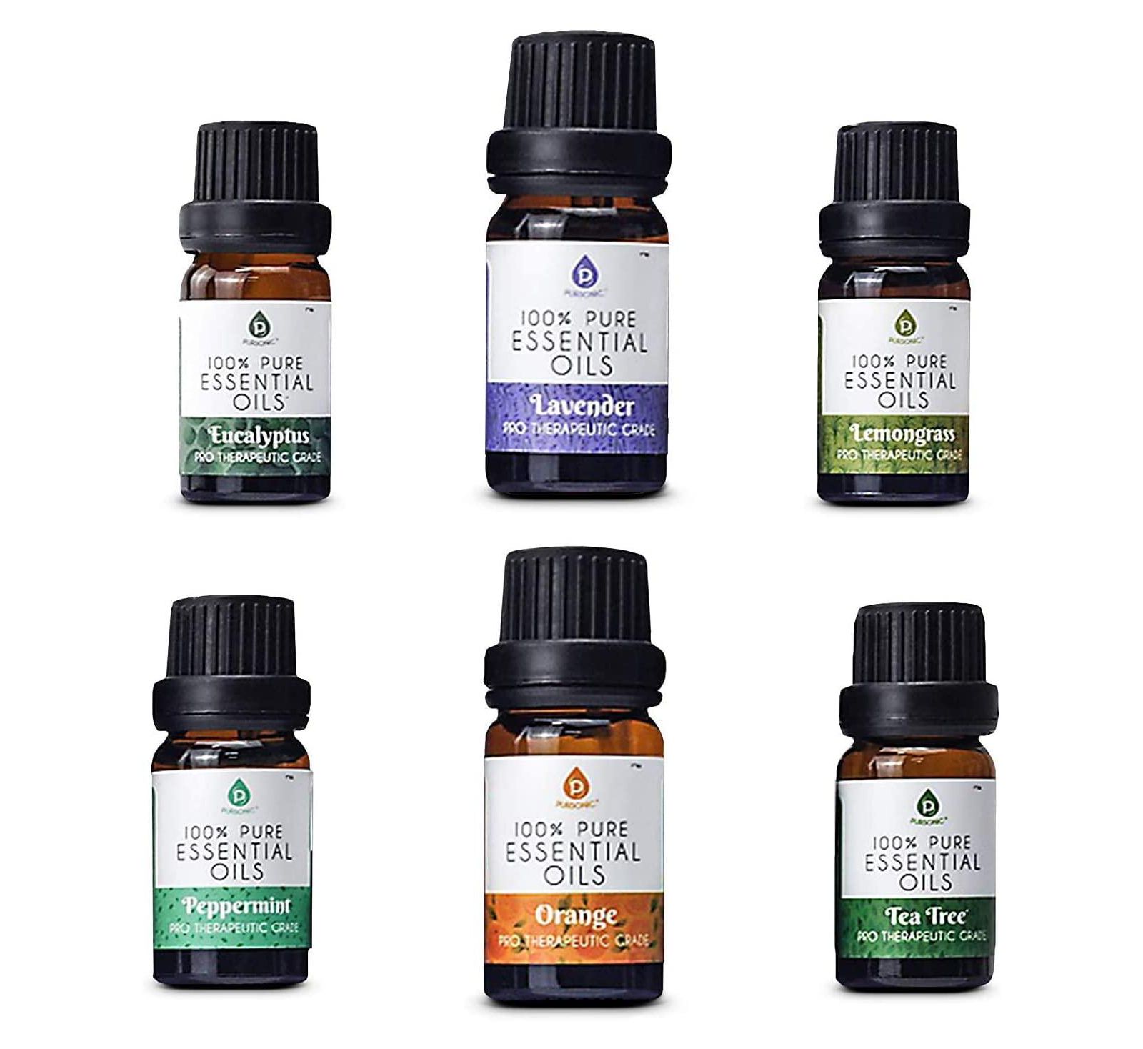 Pursonic 100% Pure Essential Aromatherapy Oils Gift Set-6 Pack , 10ML(Eucalyptus, Lavender, Lemon grass, Orange, Peppermint, Tea Tree)
