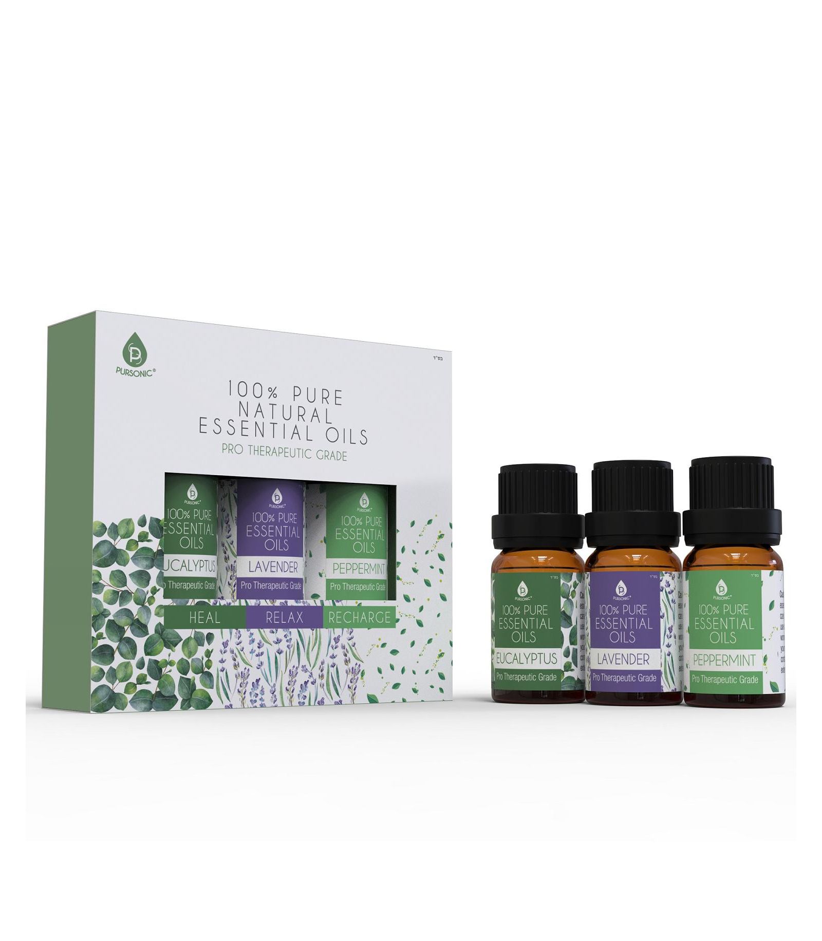 Pursonic 3 pack of 100% Pure Essential Oils (Eucalyptus, Lavender & Peppermint)