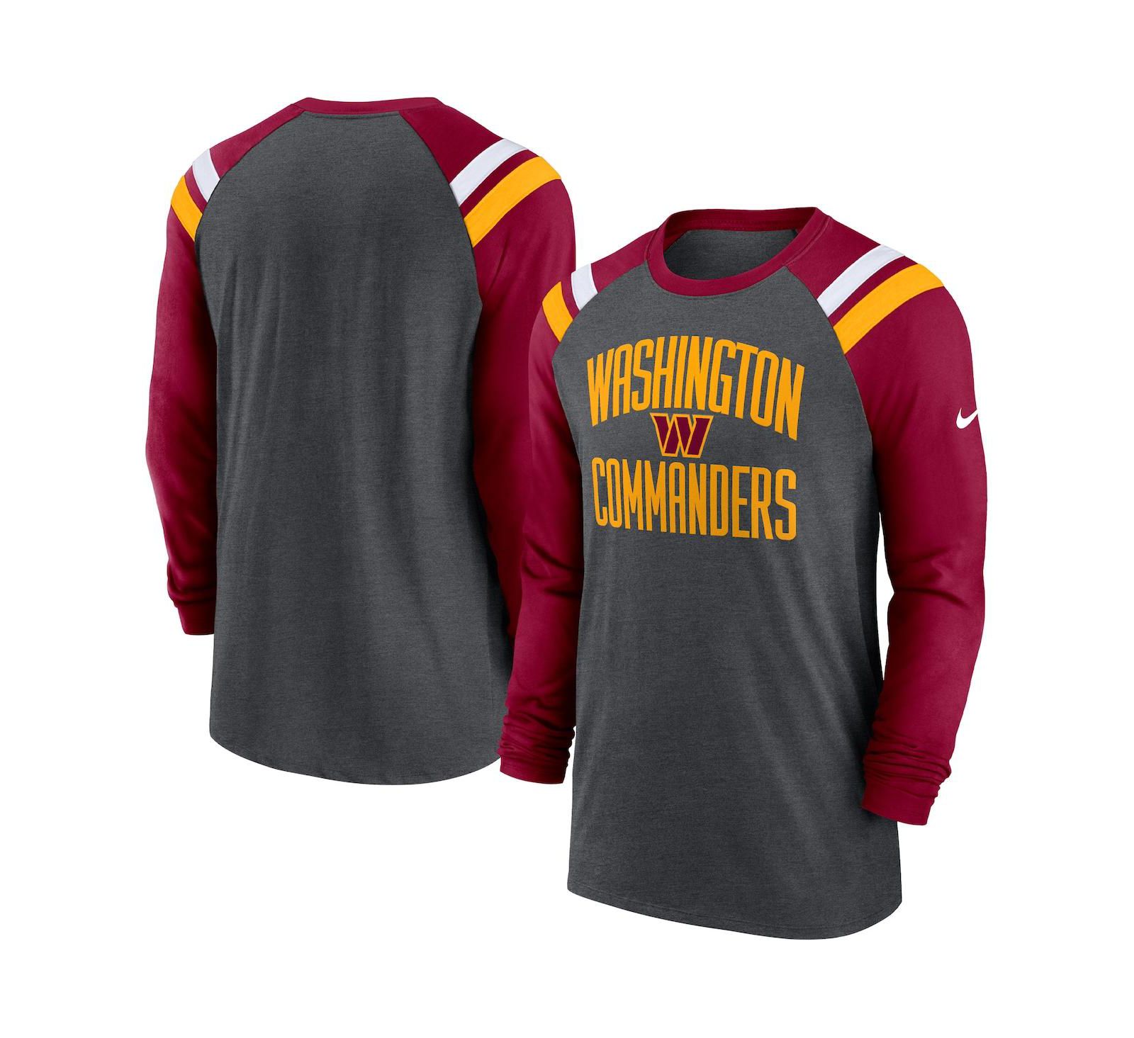 Men's Nike Heathered Charcoal, Burgundy Washington Commanders Tri-Blend Raglan Athletic Long Sleeve Fashion T-shirt