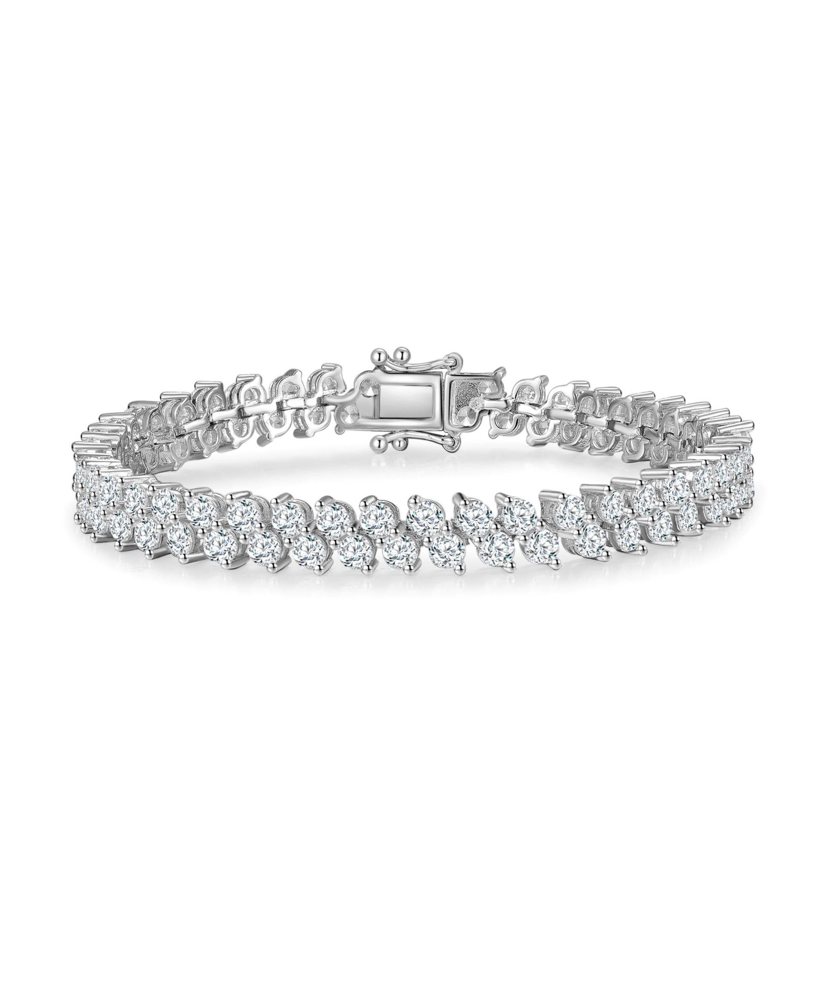 Genevive Elegant Sterling Silver Cubic Zirconia 2-Row Cluster Link Tennis Bracelet
