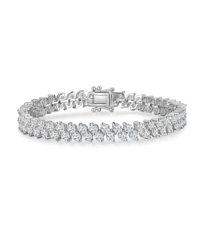 Genevive Elegant Sterling Silver Cubic Zirconia 2-Row Cluster Link Tennis Bracelet