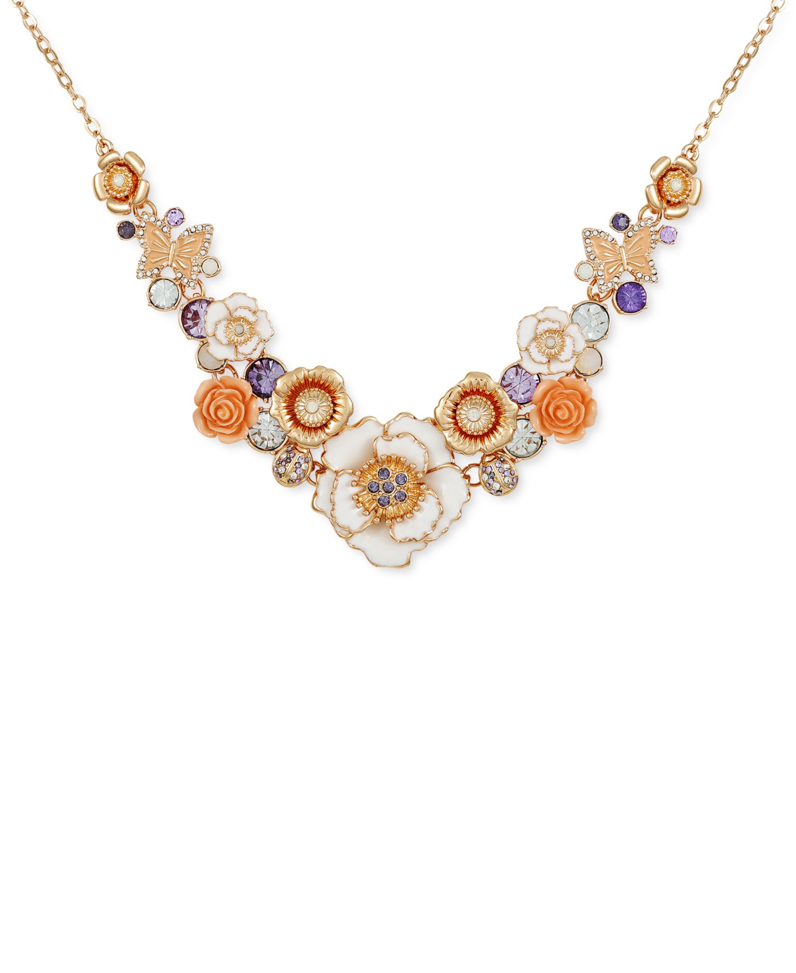 GUESS Gold-Tone Mixed Color Stone Flower Statement Necklace, 16" + 2" extender