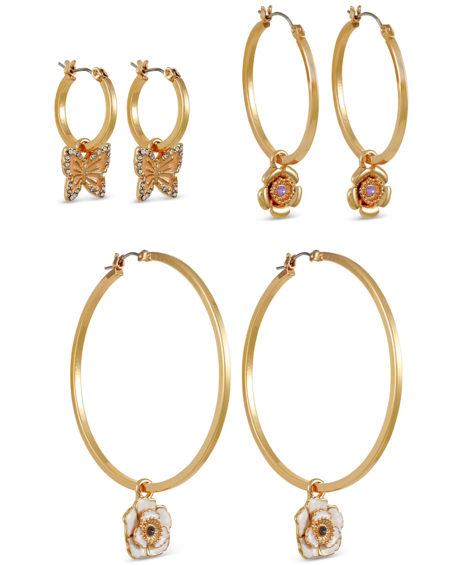 GUESS Gold-Tone 3-Pc. Set Mixed Color Stone Flower & Butterfly Charm Hoop Earrings