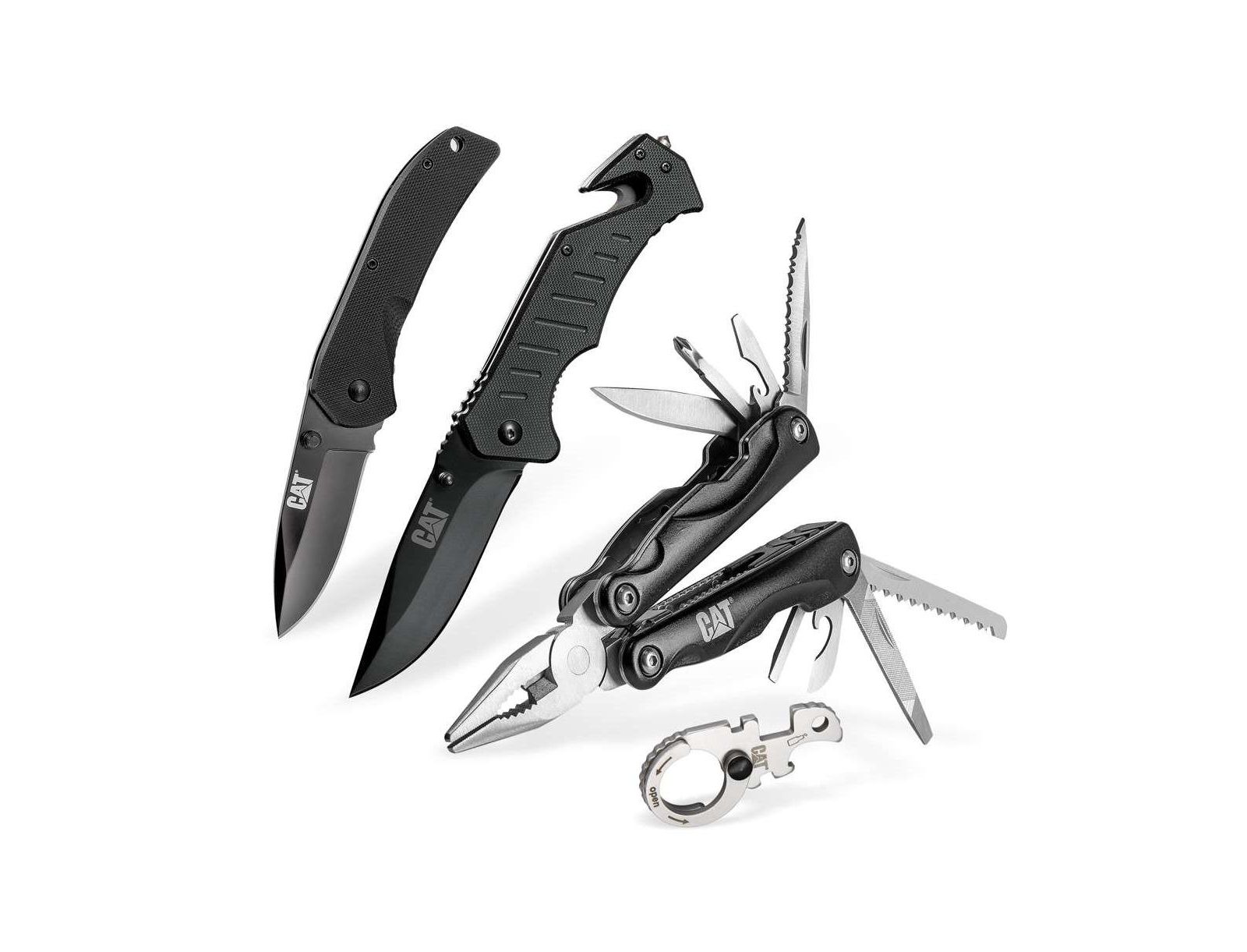 Cat 4 pc Multi-Tool and Folding Pocket Black Knife Set with Keychain Tool