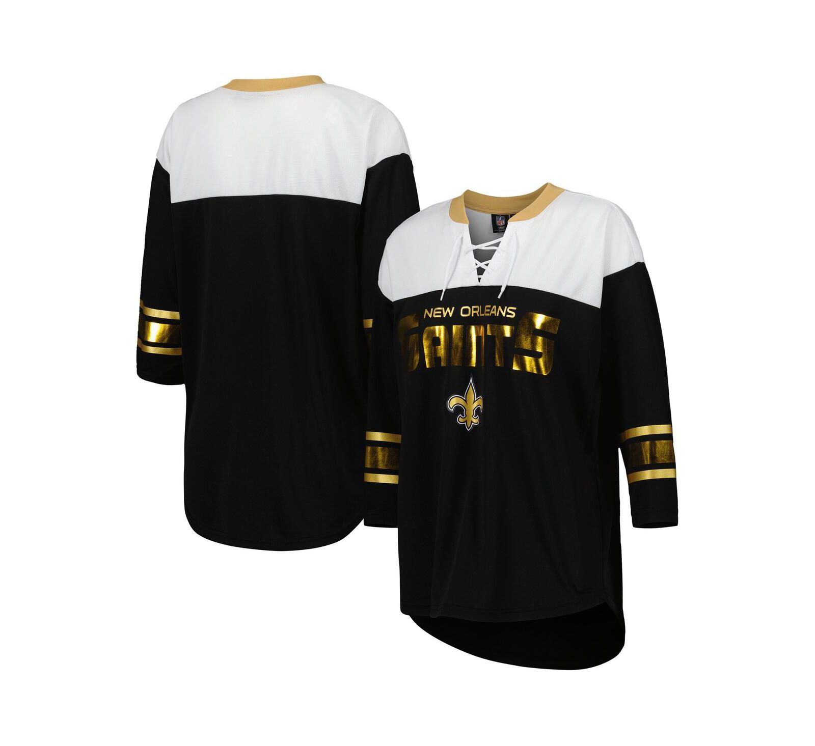 Women's G-III 4Her by Carl Banks Black, White New Orleans Saints Double Team 3/4-Sleeve Lace-Up T-shirt